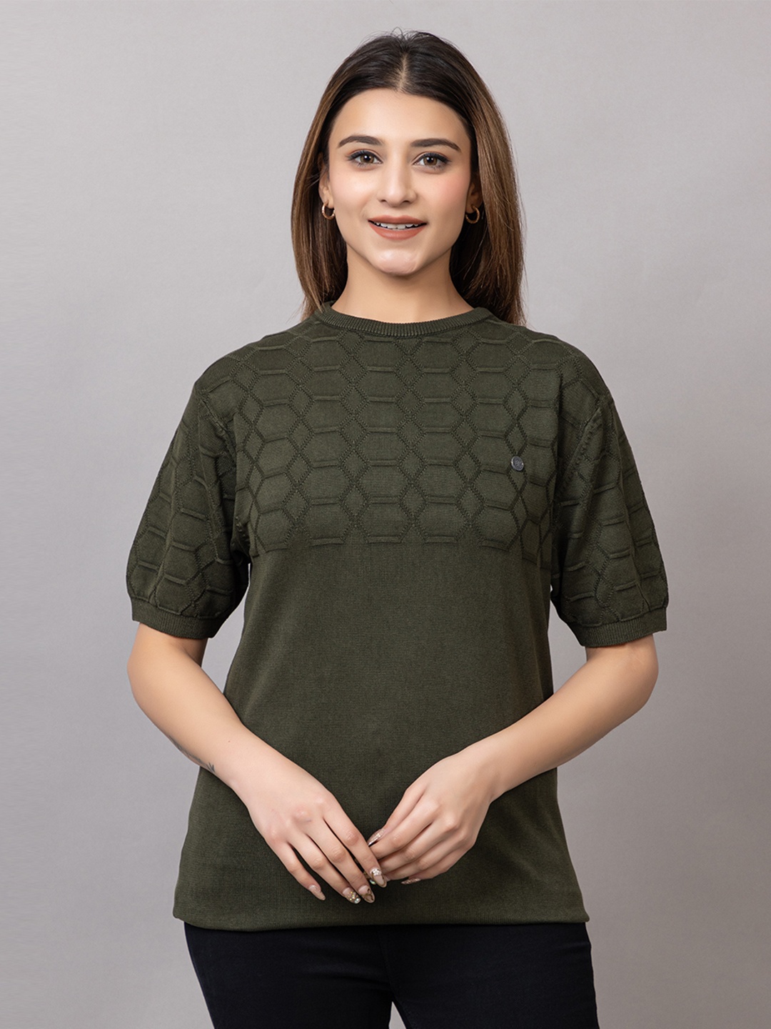 

Wool's Kart Women Self Design Round Neck T-shirt, Olive