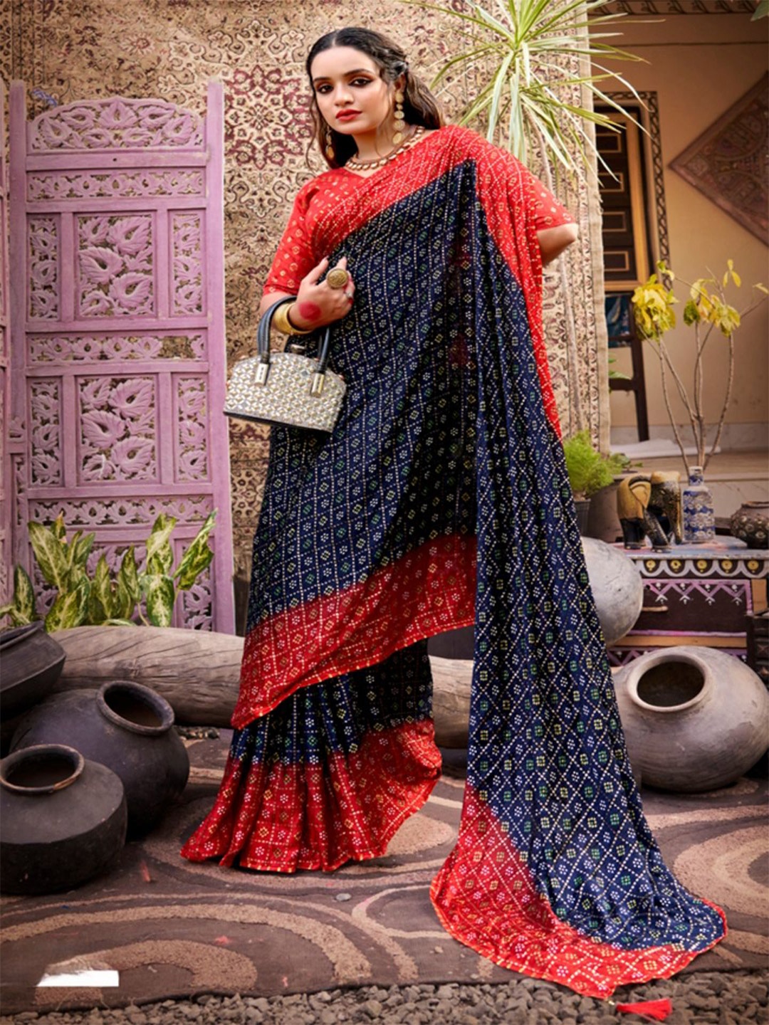 

SHOPPKEE Bandhani Poly Chiffon Designer Banarasi Saree, Navy blue