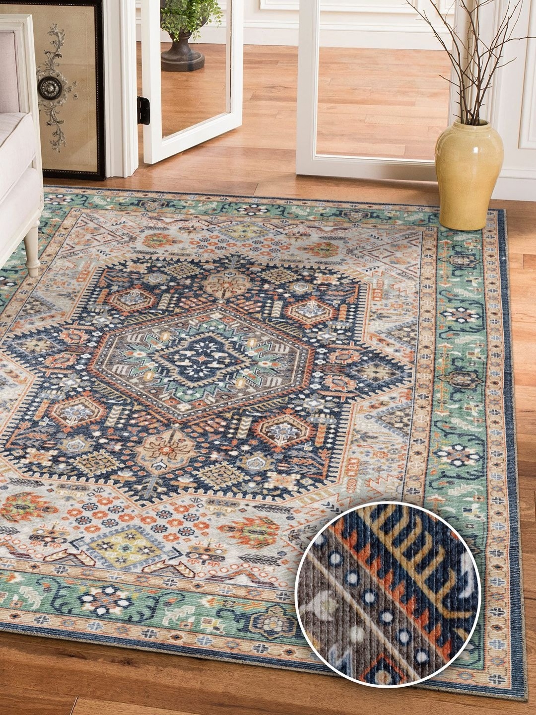 

Kaleen India Navy Blue & Grey Ethnic Motifs Printed Anti-Skid Carpet