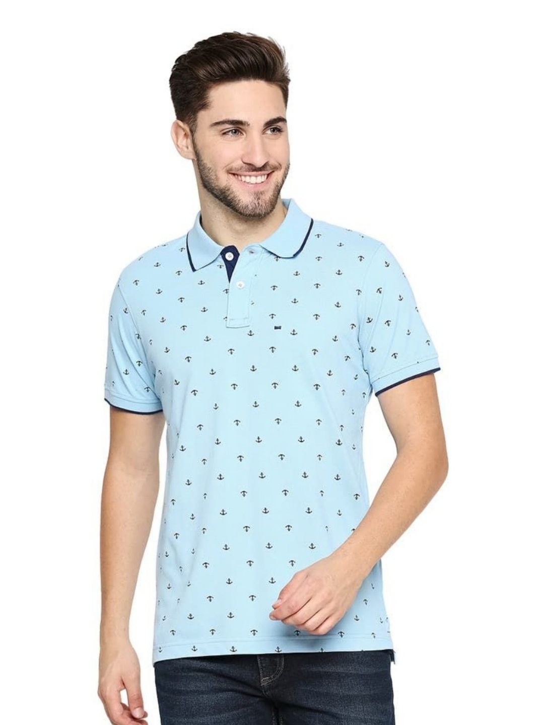 

Basics Men Conversational Printed Polo Collar Cotton T-shirt, Blue