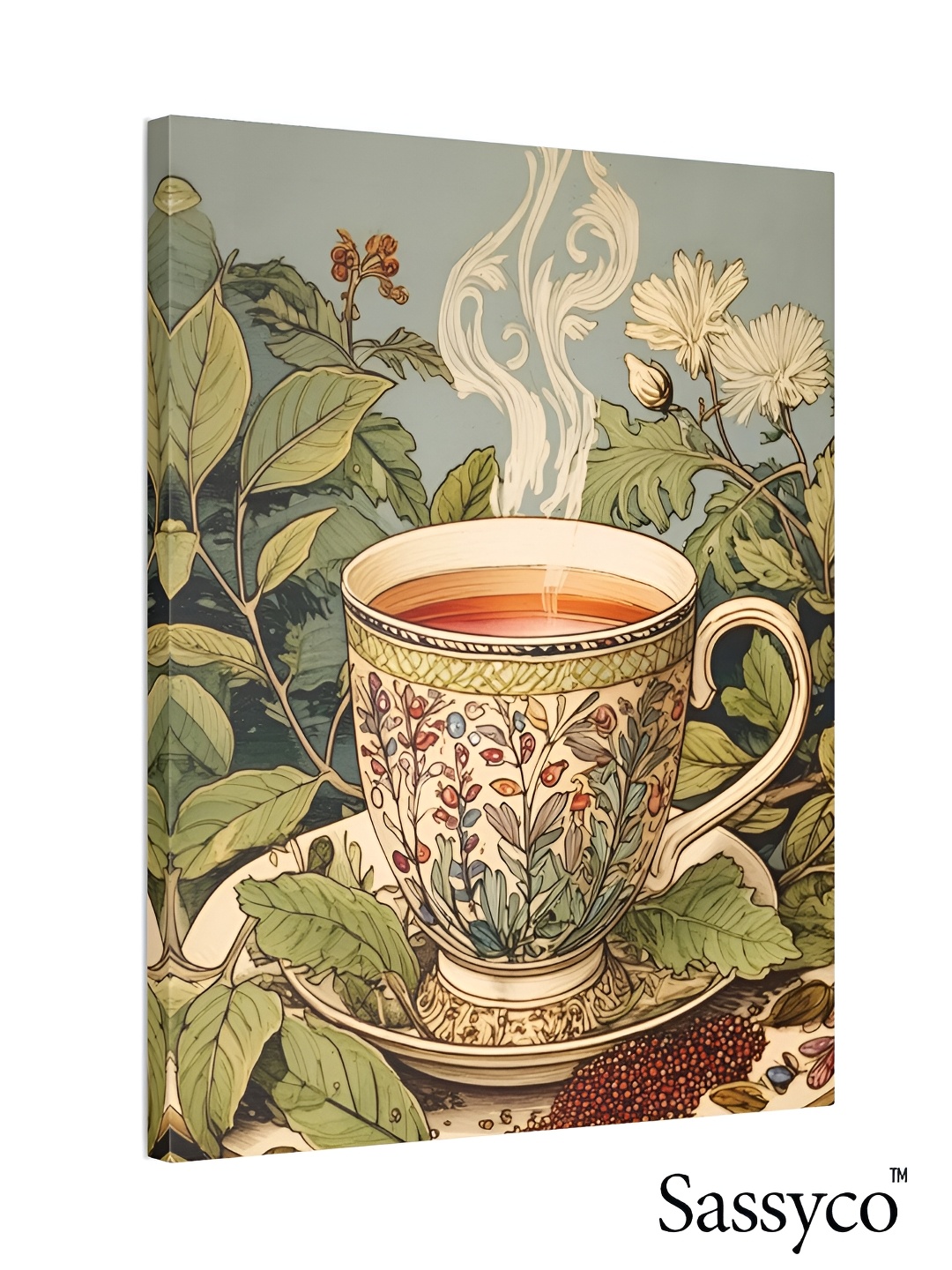 

Sassyco Green & Off-White Tea Leaf Floral Canvas Wall Painting