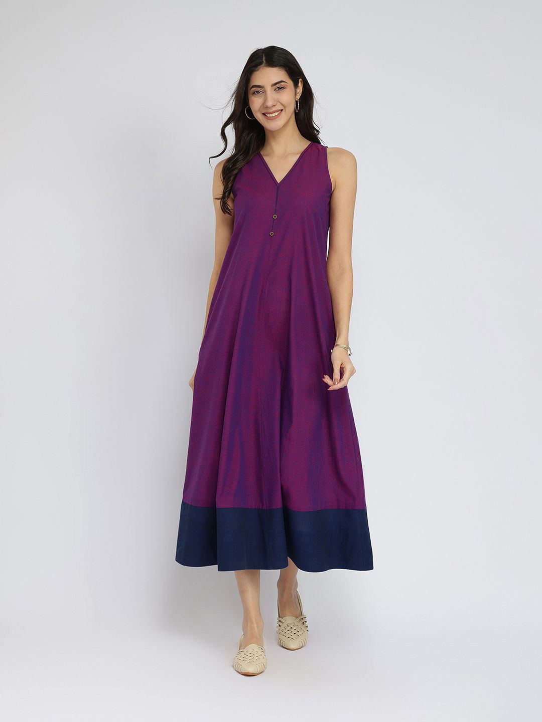 

Pink Fort Cotton Handwoven Colourblock Dress - Purple & Blue