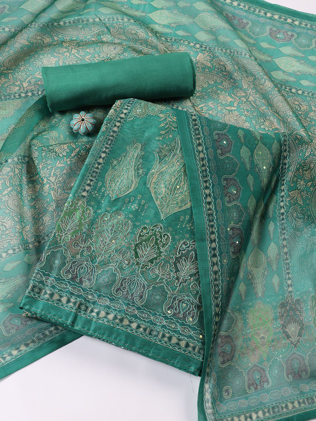 

Meena Bazaar Ethnic Motifs Printed Sequinned Chanderi Unstitched Dress Material, Sea green
