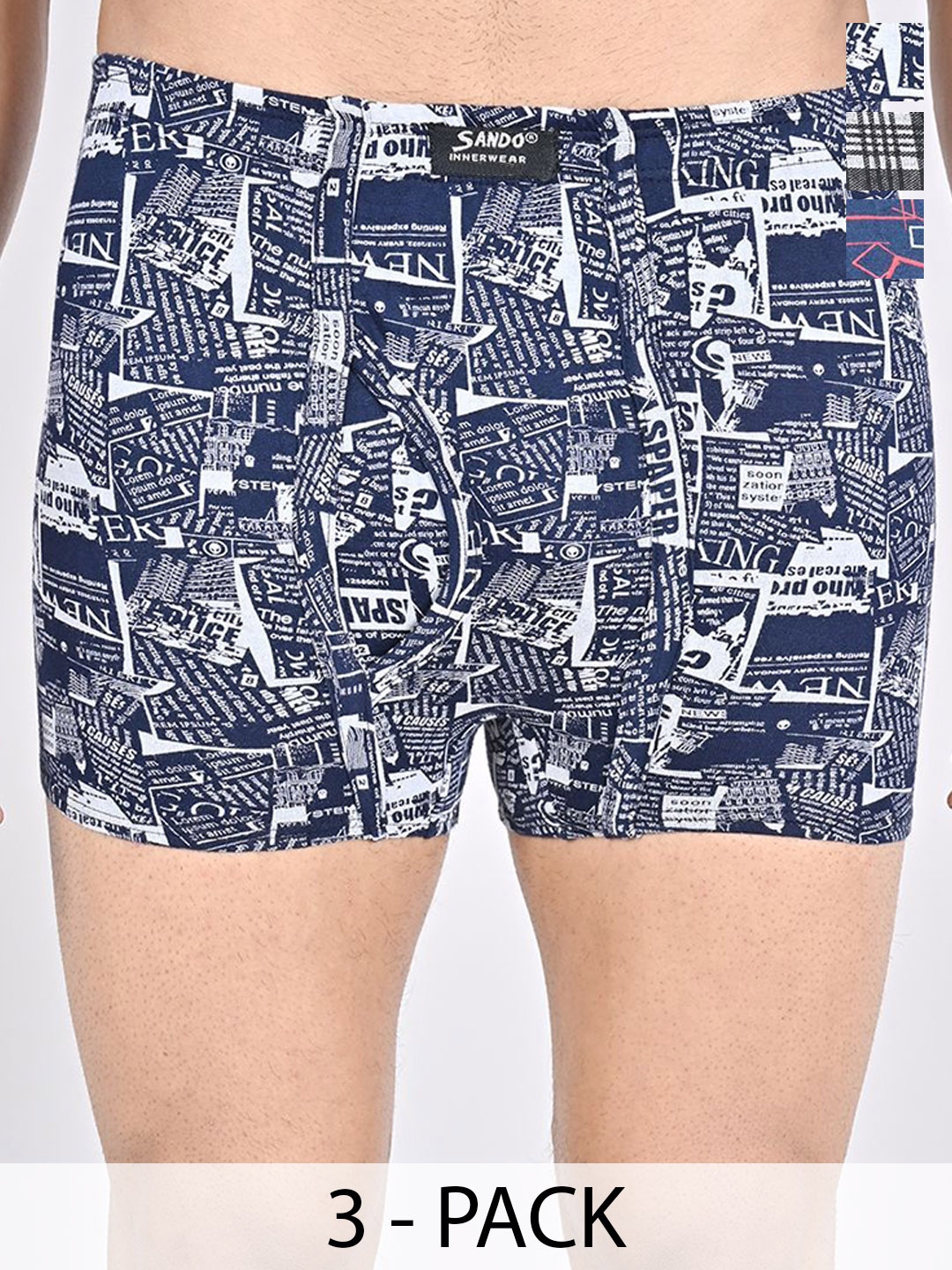 

SANDO Pack Of 3 Printed Cotton Trunks GENIUS-05-07-08, Blue