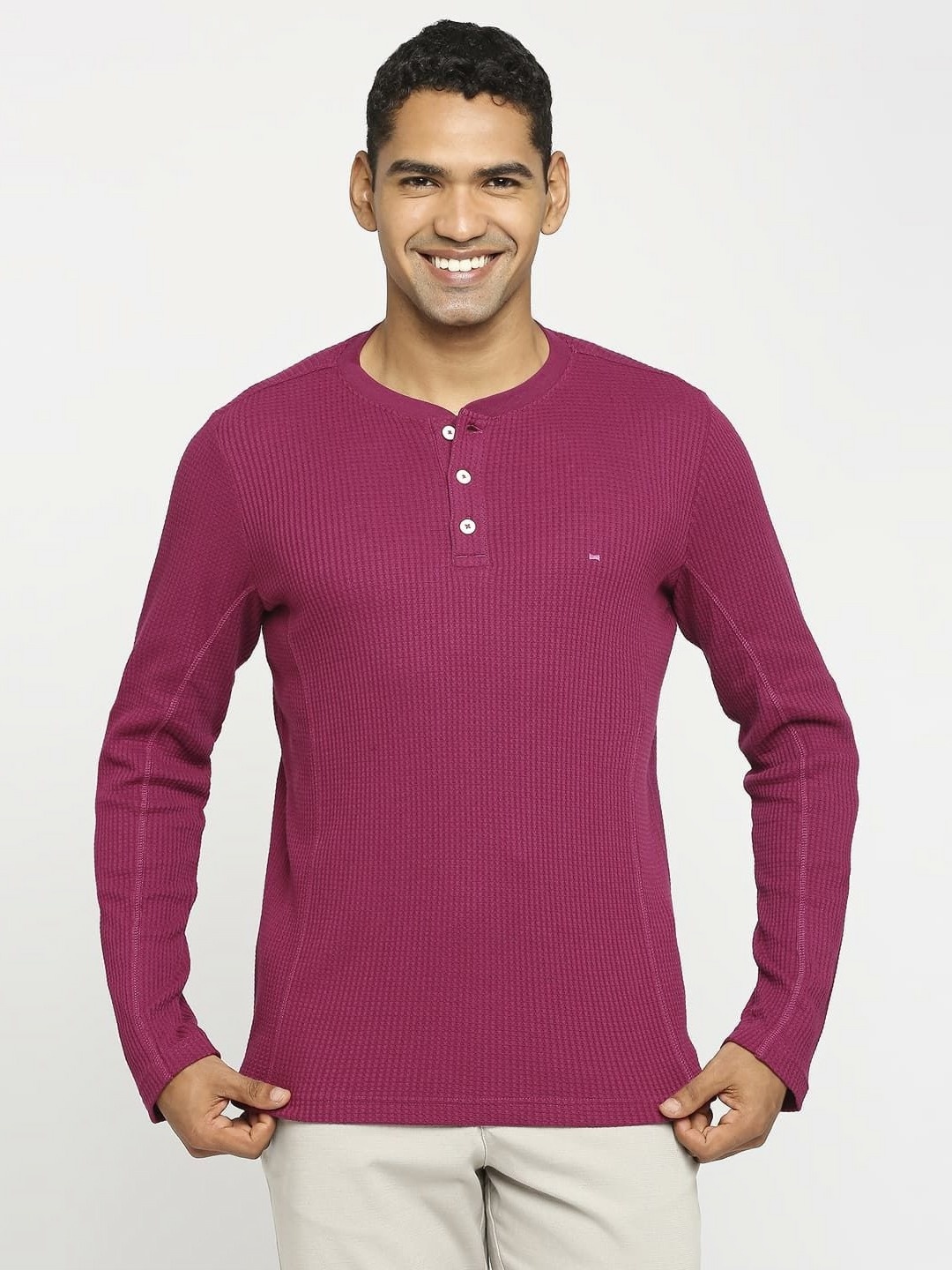 

Basics Men Solid Henley Neck Cotton Muscle Fit T-shirt, Pink