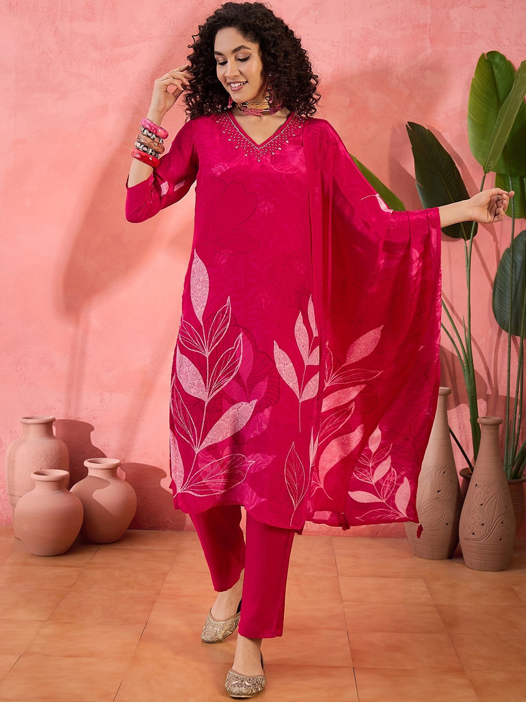 

Sangria Floral Printed V-Neck Beads and Stones Straight Kurta With Trouser And Dupatta, Magenta