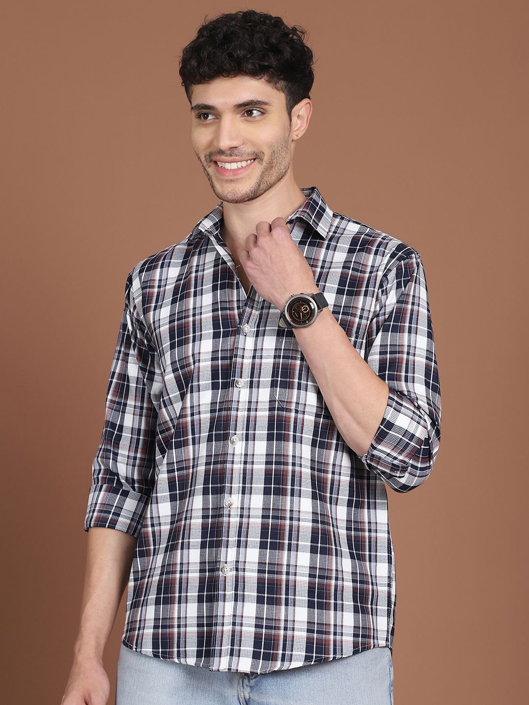 

Indian Needle Men Classic Tartan Checks Opaque Checked Casual Shirt, Navy blue