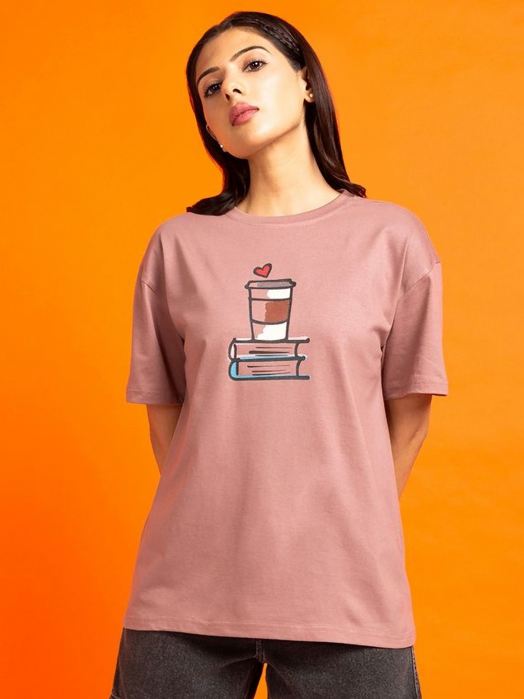 

Mast & Harbour Women Graphic Printed Round Neck Cotton T-shirt, Peach
