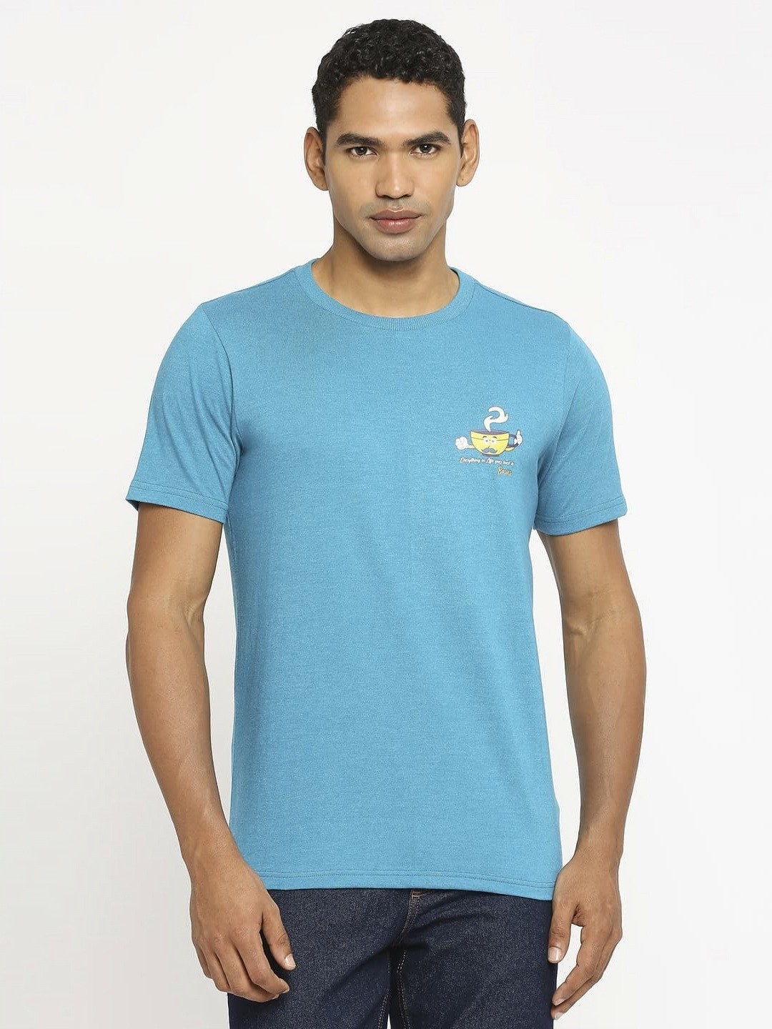 

Basics Men Graphic Printed Round Neck Cotton Slim Fit T-shirt, Blue