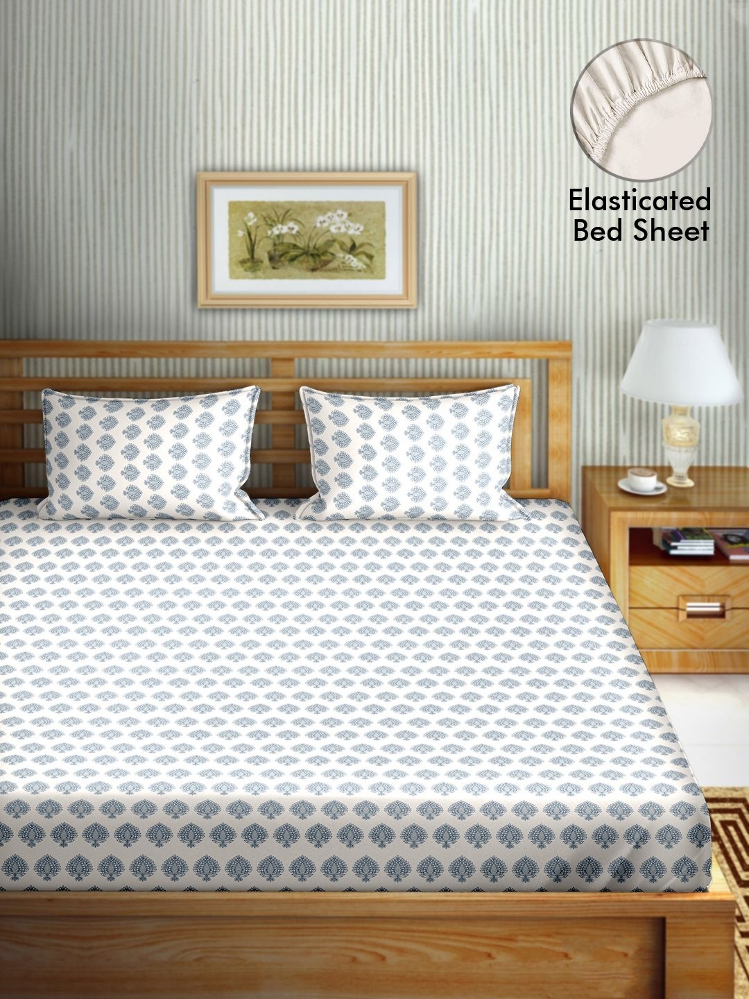 

Myntra Elegant Homes Blue Printed 180 TC Pure Cotton Queen Bedsheet Set- 1.82 m x 2.00 m