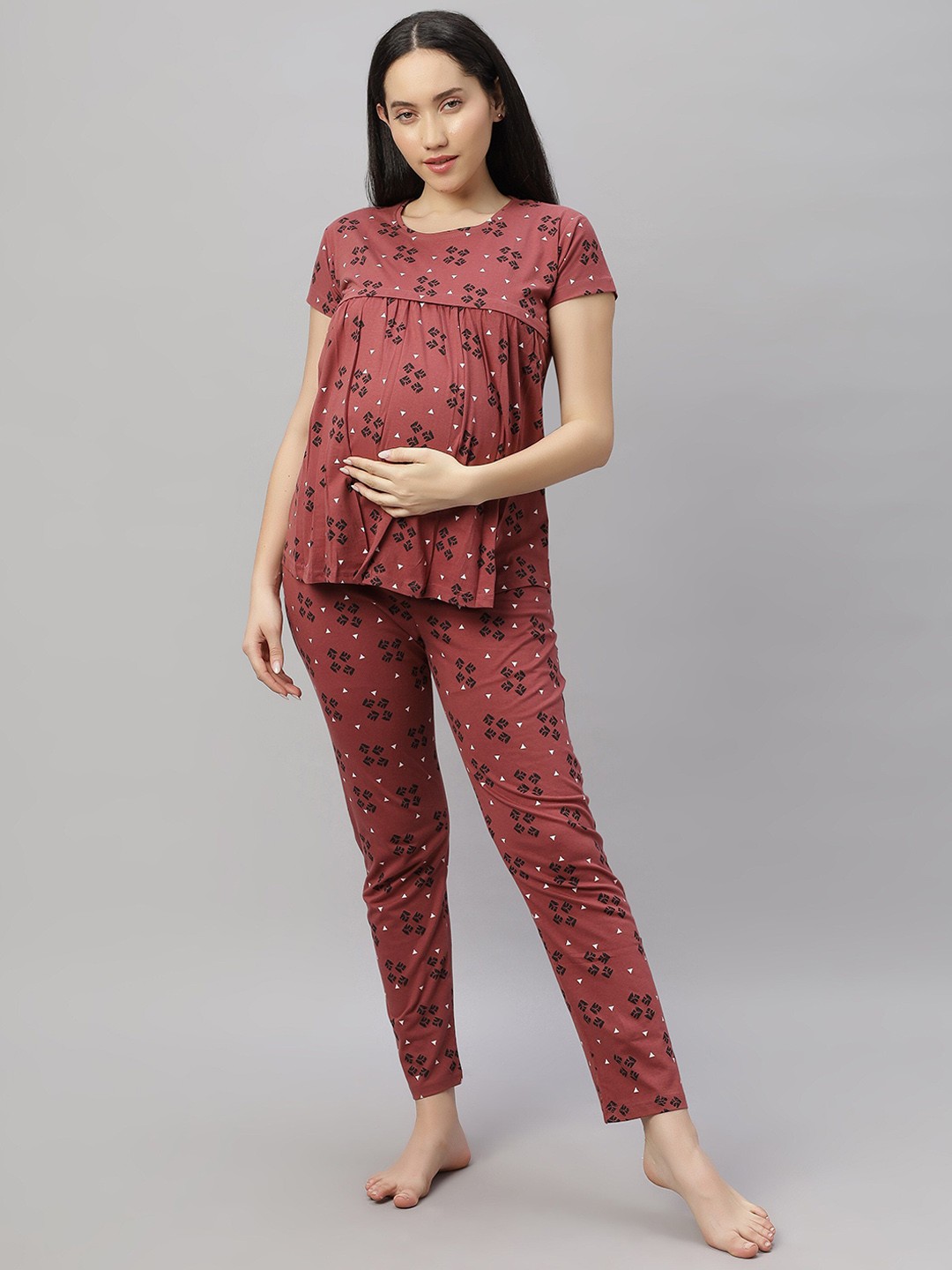 

DZZO Women Printed Night suit, Brown