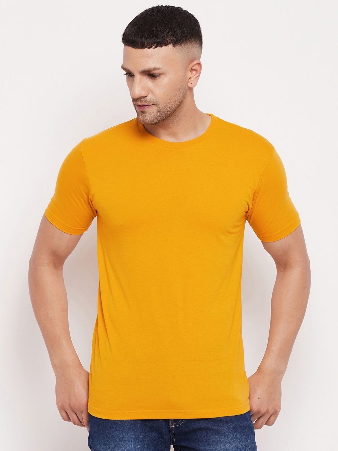 

LYCOS Men Solid Round Neck Cotton T-shirt, Mustard