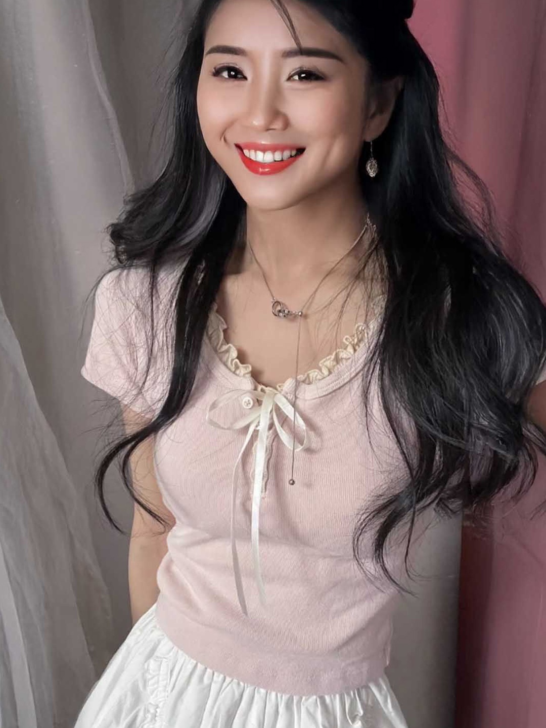

StyleCast Tie-Up Neck Puff Sleeve Top, Pink