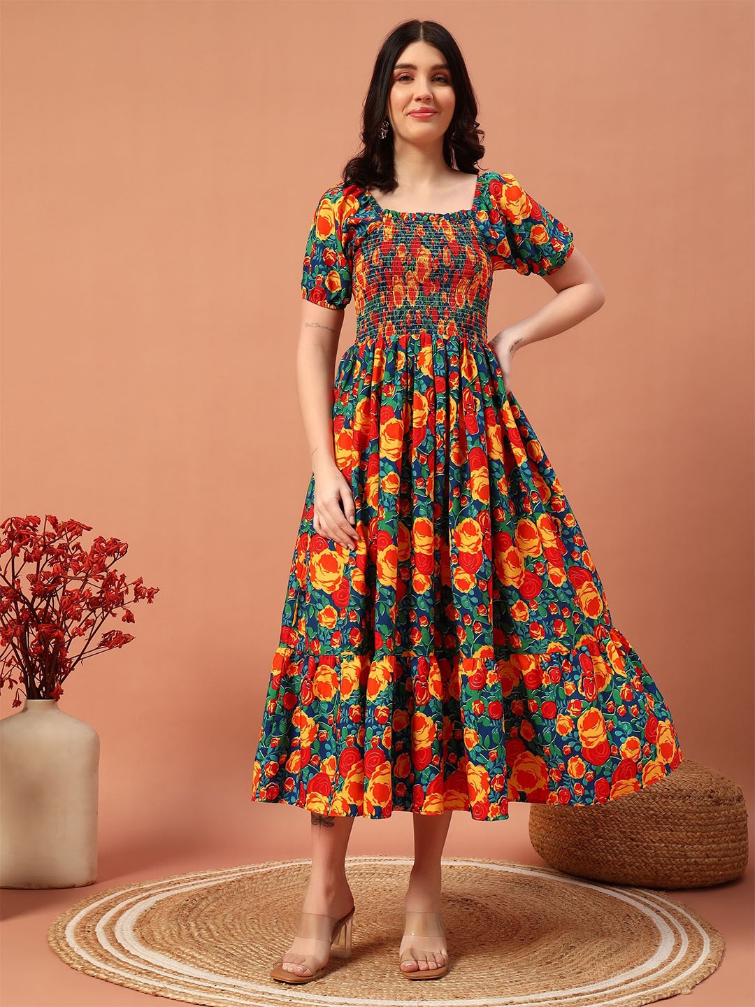 

OTABU Women Floral Printed Fit & Flare Smocked Midi Dress, Orange