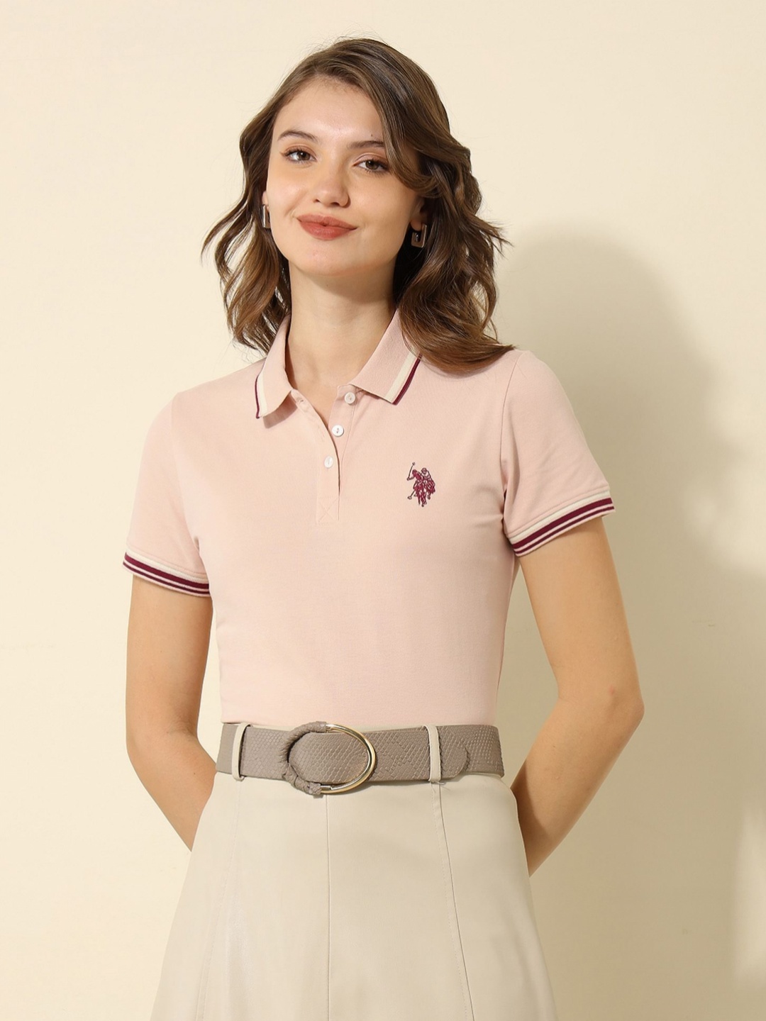 

U.S. Polo Assn. Women Regular Fit Solid Polo Collar Cotton T-shirt, Pink