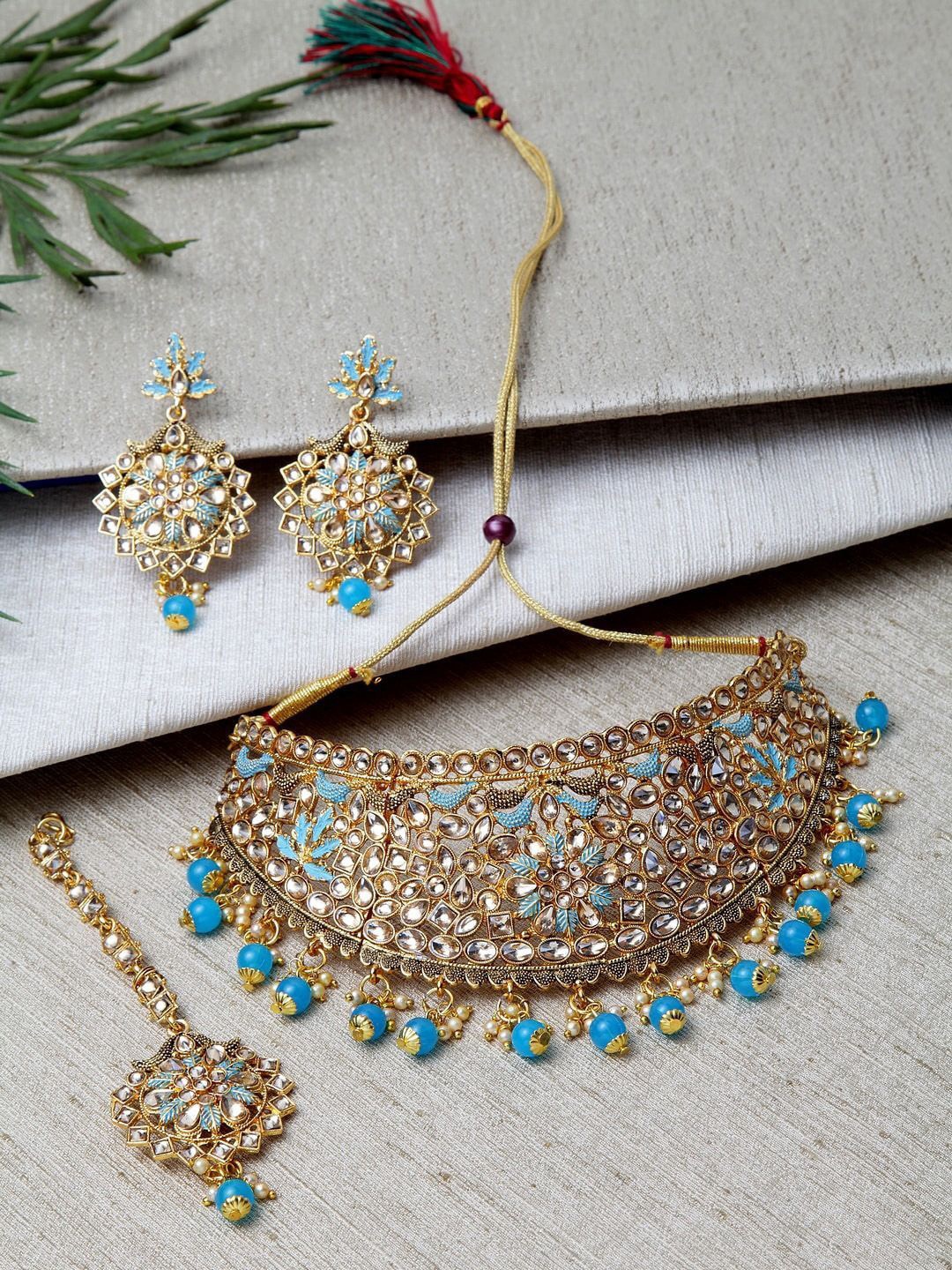 

Anouk Gold-Plated Kundan Studded & Beaded Enamelled Jewellery Set, Blue