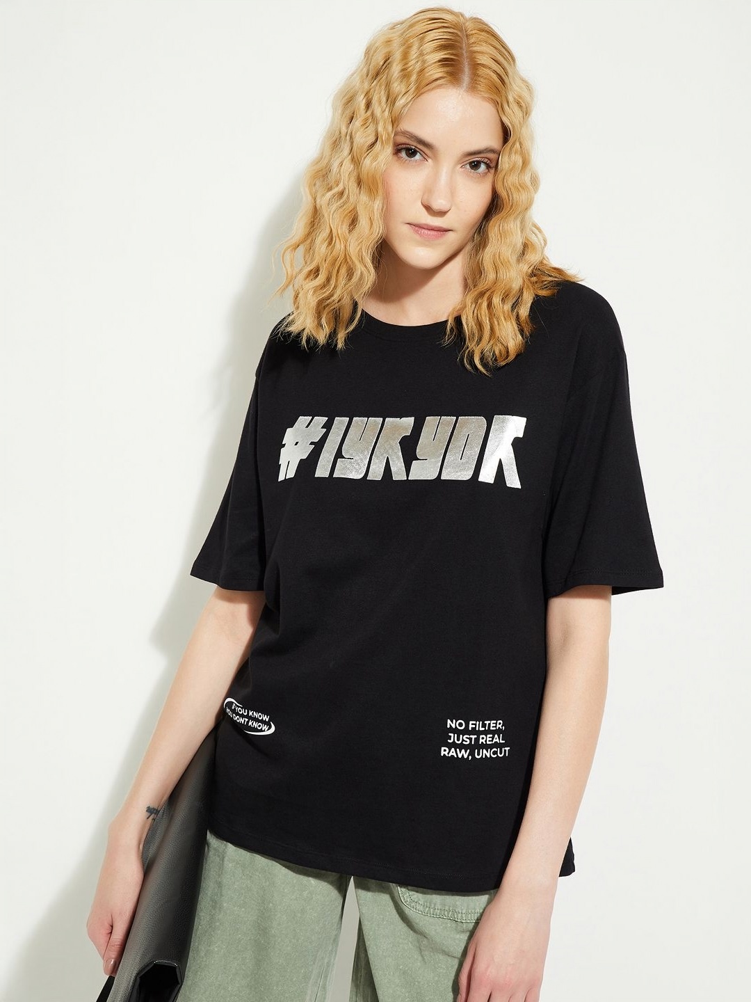 

max Women Typography Printed Round Neck Oversized Cotton T-shirt, Black