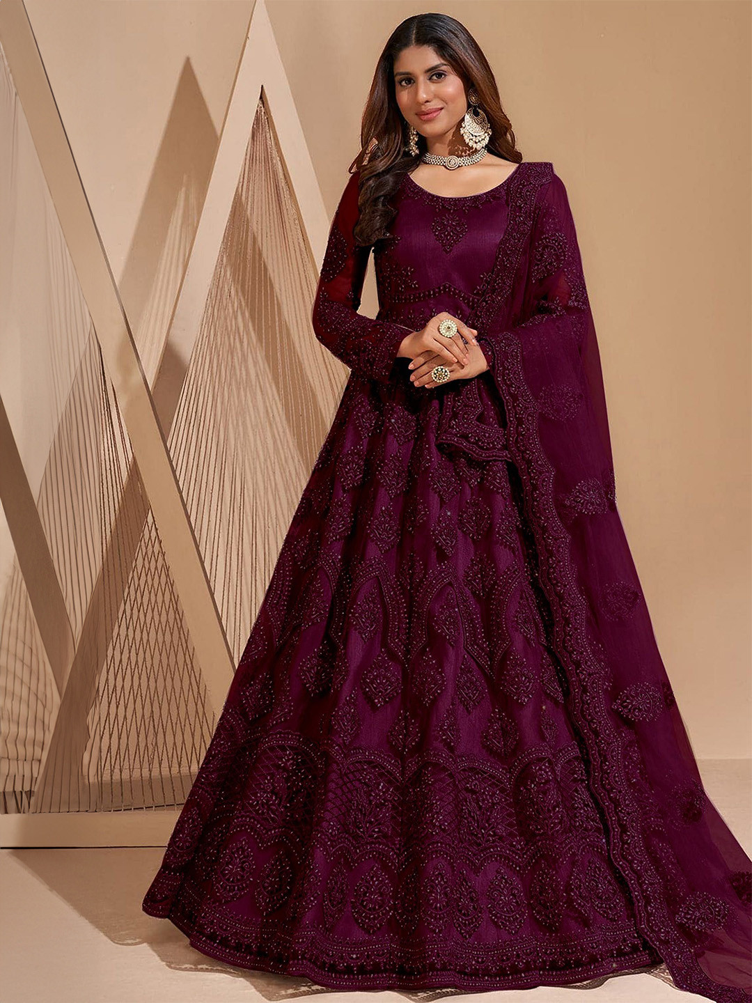 

APNISHA Women Embroidered Net Fit & Flare Gown Dress, Purple