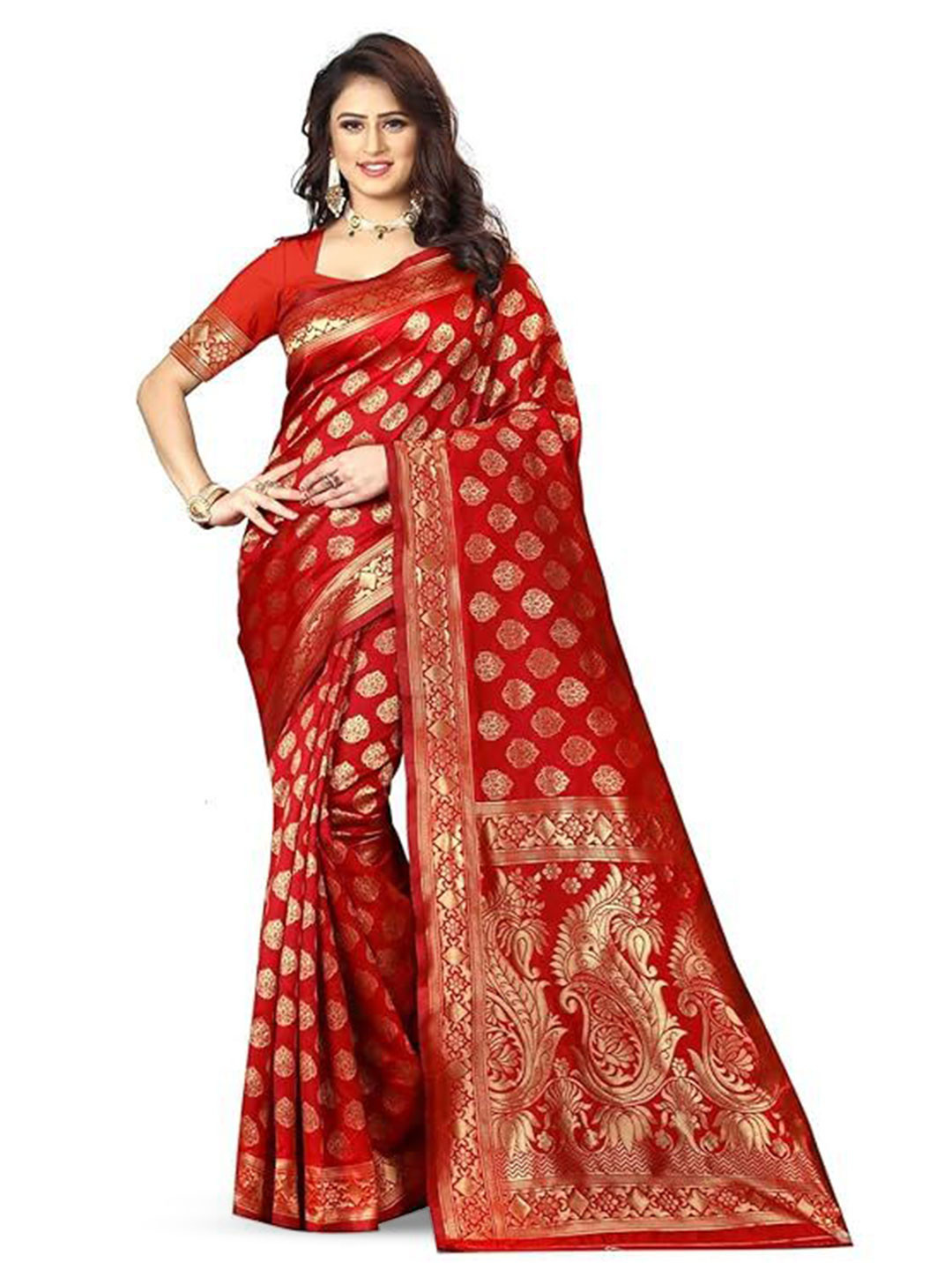 

Florence Woven Design Zari Pure Silk Kanjeevaram Saree, Red