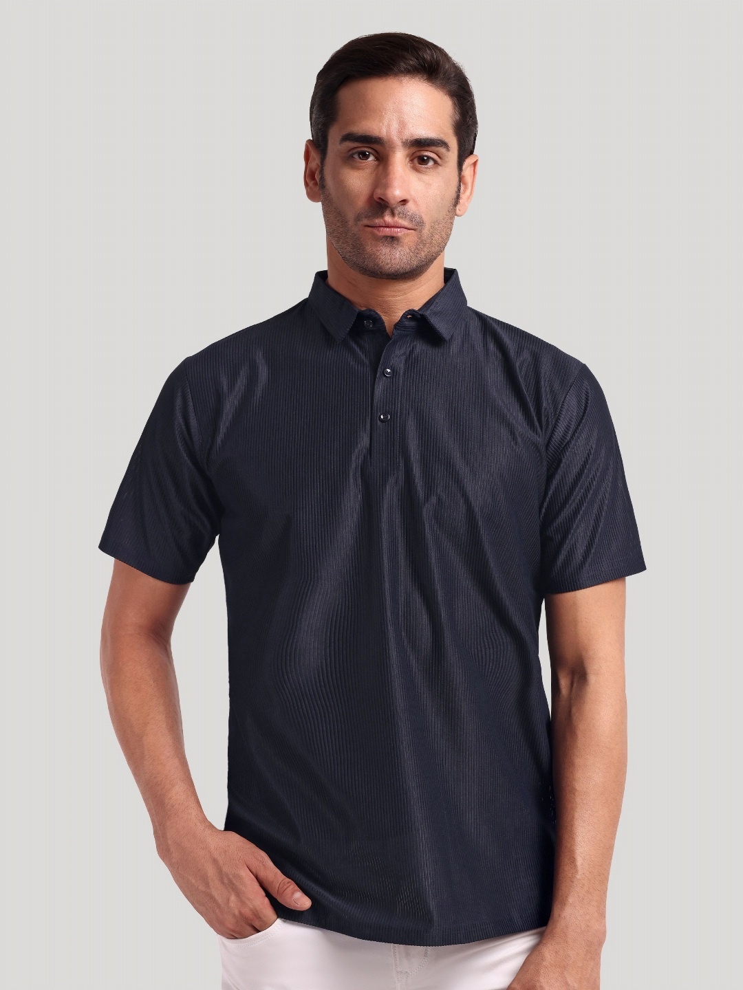 

Moda Rapido Men Self Design Polo Collar Cotton T-shirt, Navy blue