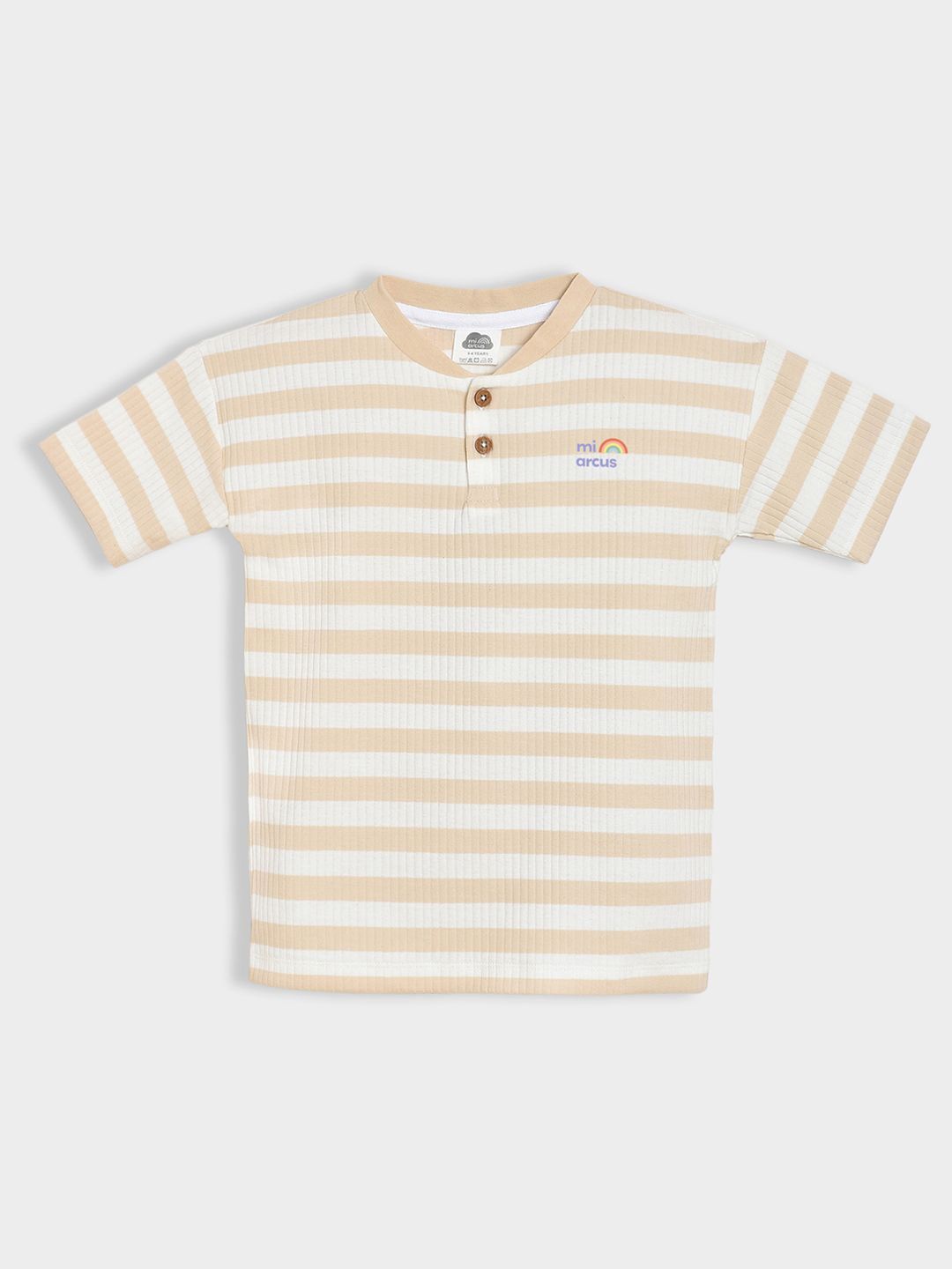 

MiArcus Unisex Kids Striped Mandarin Collar Cotton T-shirt, Beige