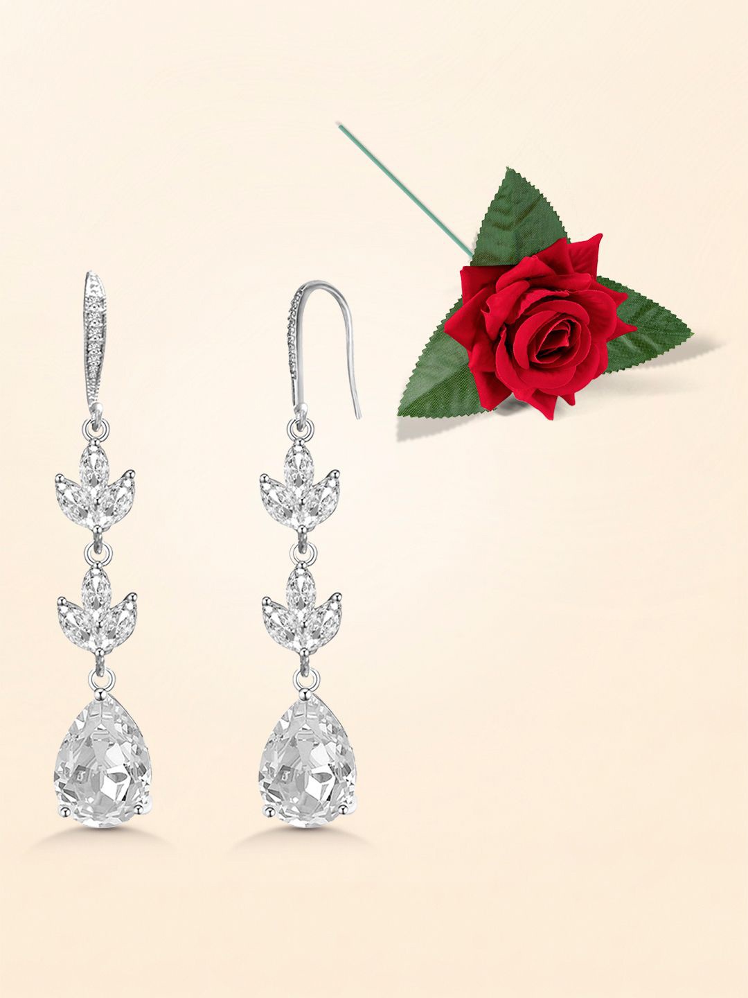 

Peora Silver-Plated Cubic Zirconia Studded Contemporary Shaped Drop Earrings With Red Rose