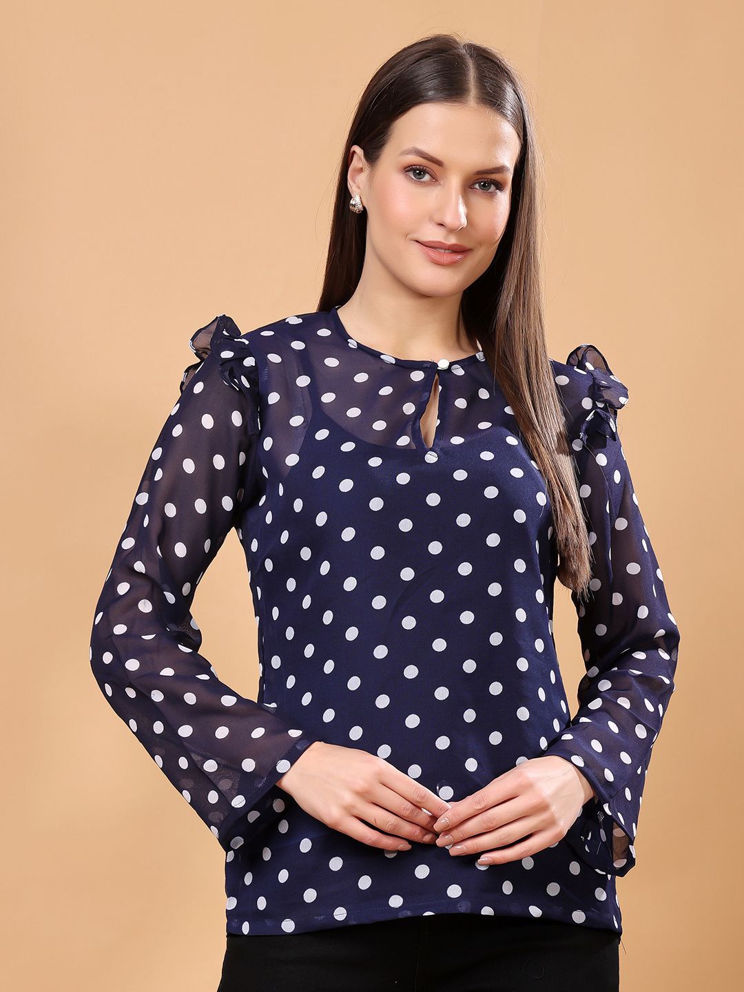 

Moda Rapido Polka Dot Print Keyhole Neck Georgette Tube Top, Navy blue