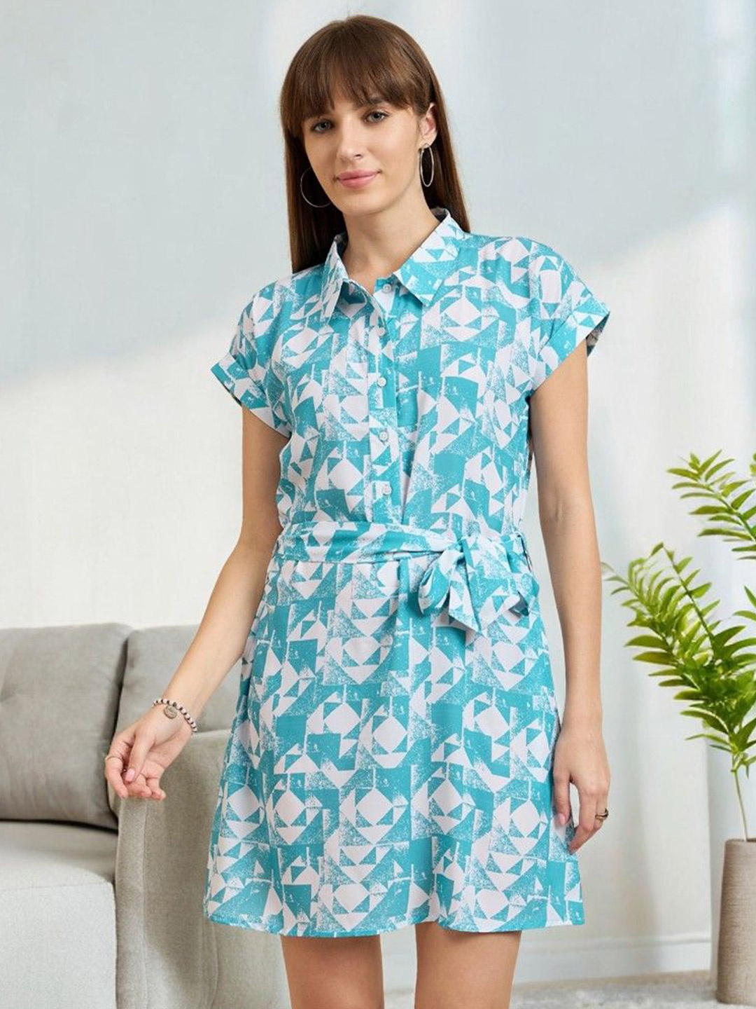 

ANJIR Printed Belted Shirt Style A-Line Mini Dress, Blue