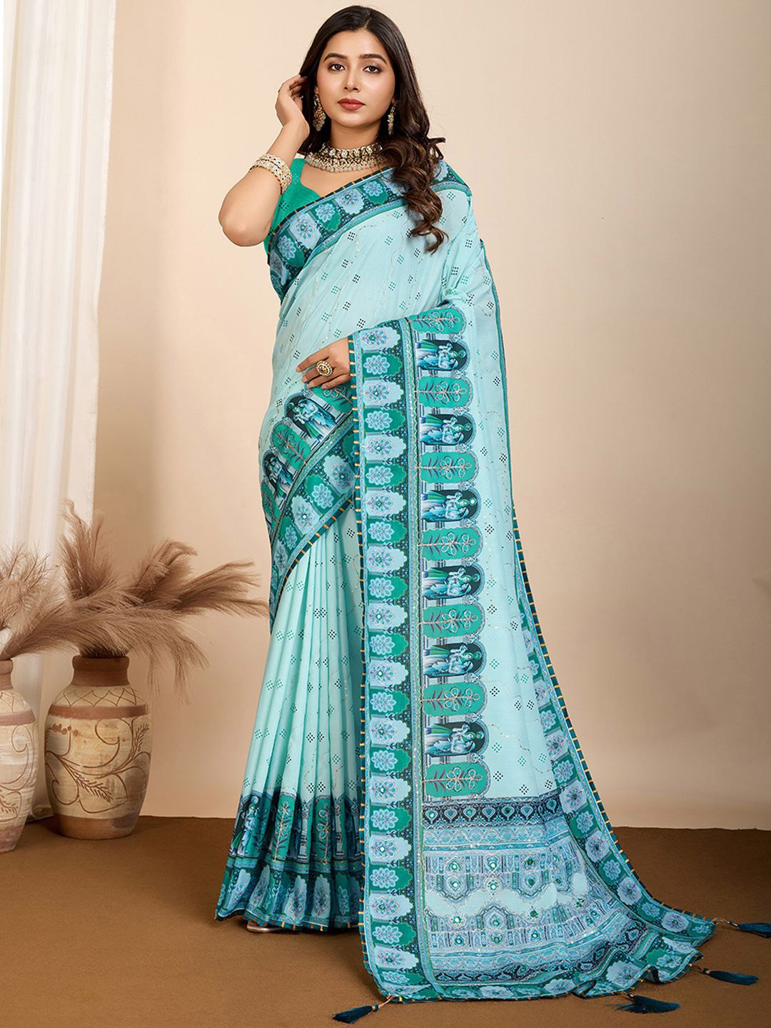 

Satrani Ethnic Motifs Mirror Work Designer Saree, Blue