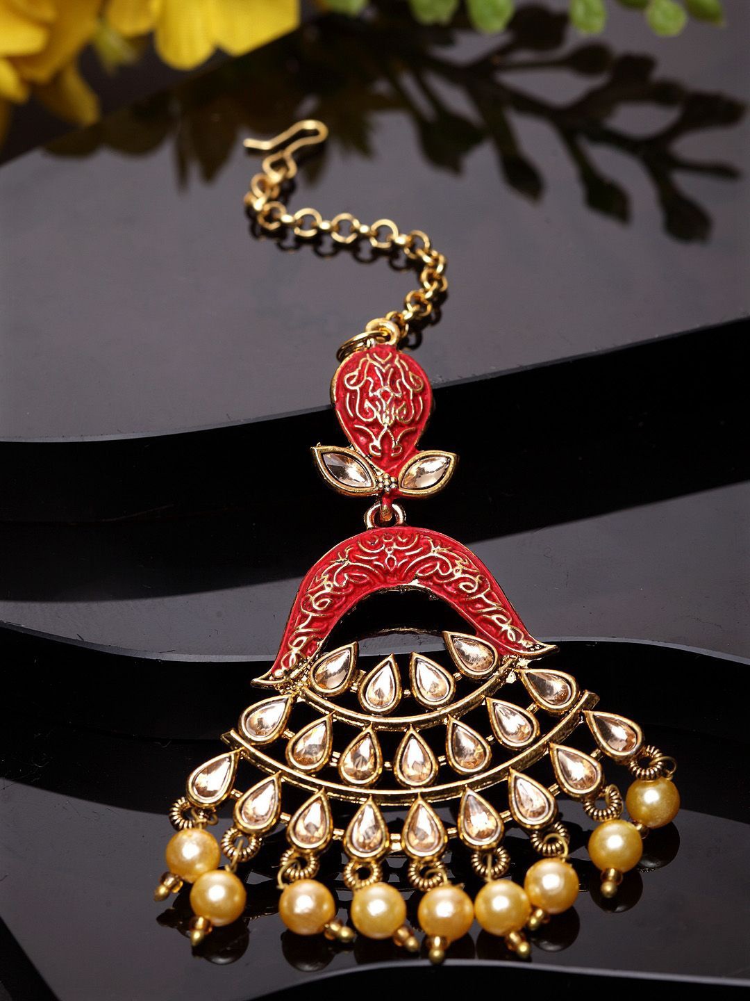 

Anouk Gold-Plated Artificial Stones Studded and Beaded Enamelled Maang Tikka