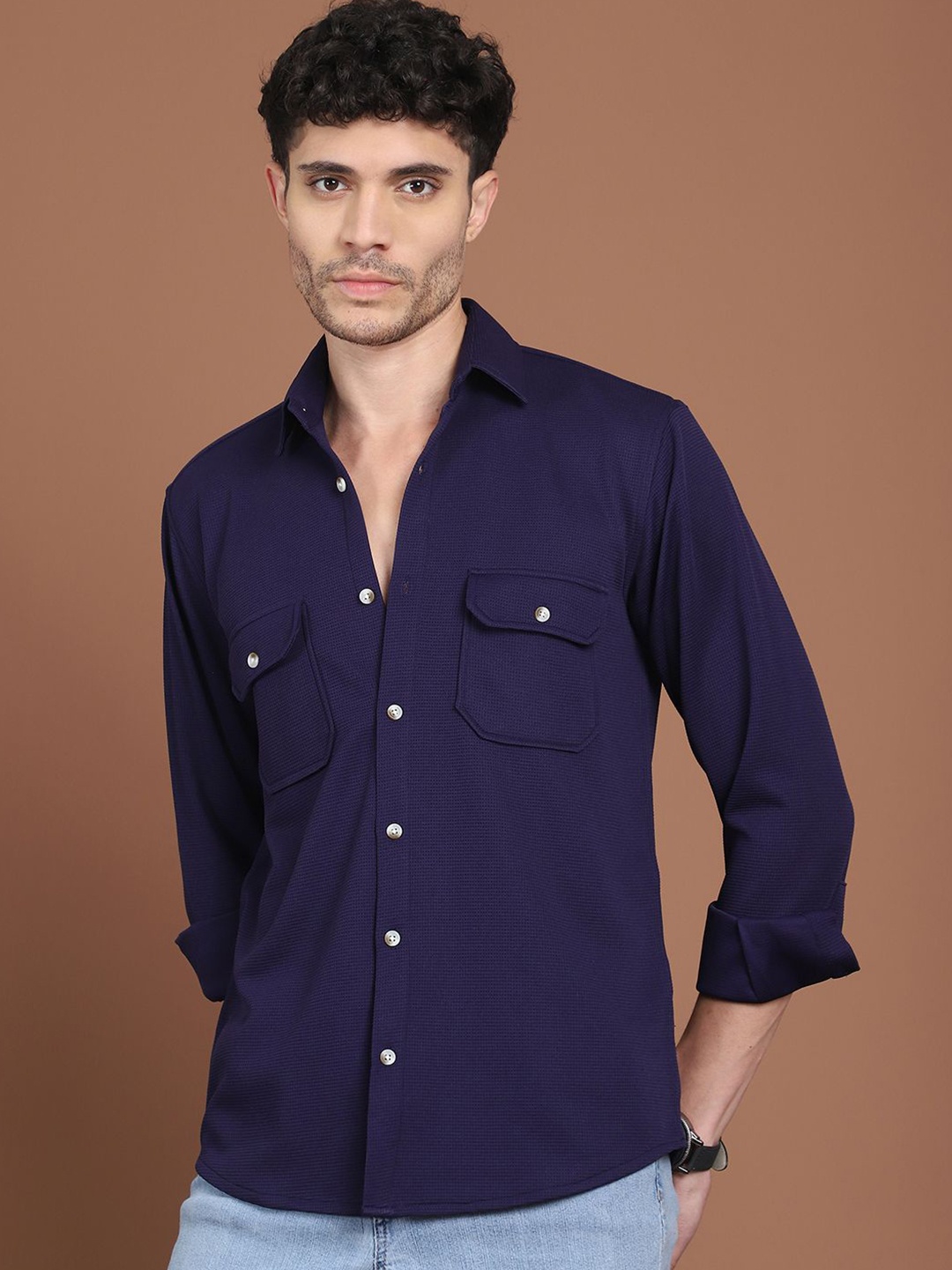 

Indian Needle Men Classic Opaque Casual Shirt, Navy blue