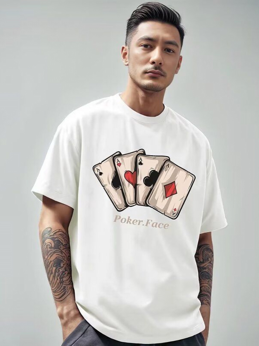 

HERE&NOW Men Graphic Printed Round Neck Cotton Oversized T-shirt, White