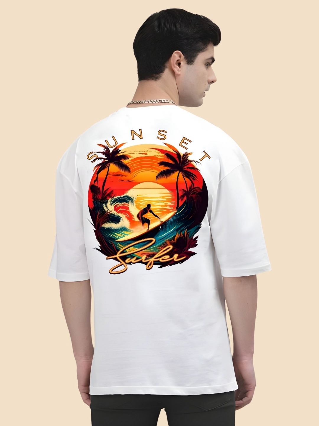 

SZN Men Graphic Printed Round Neck Cotton Oversized T-shirt, White