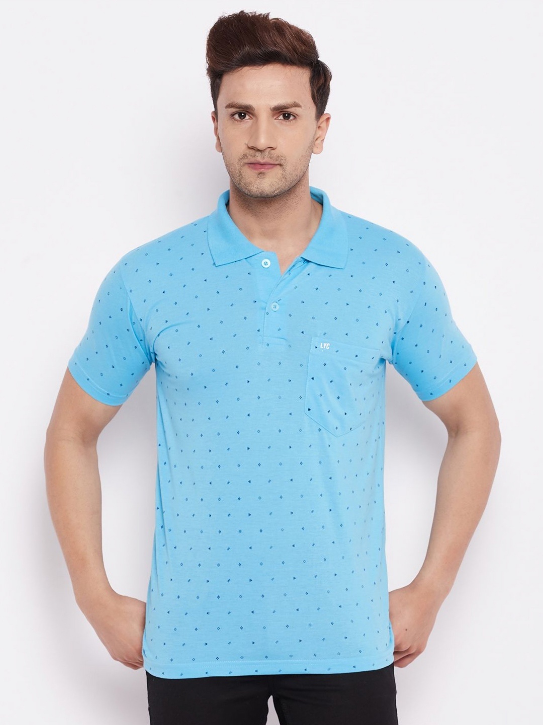 

LYCOS Men Geometric Printed Polo Collar Cotton T-shirt, Turquoise blue