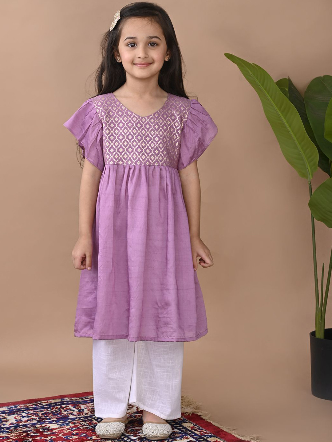 

Here&Now X Kinder Kids Girls Floral Woven Design Pure Cotton Anarkali Kurta With Palazzo, Purple