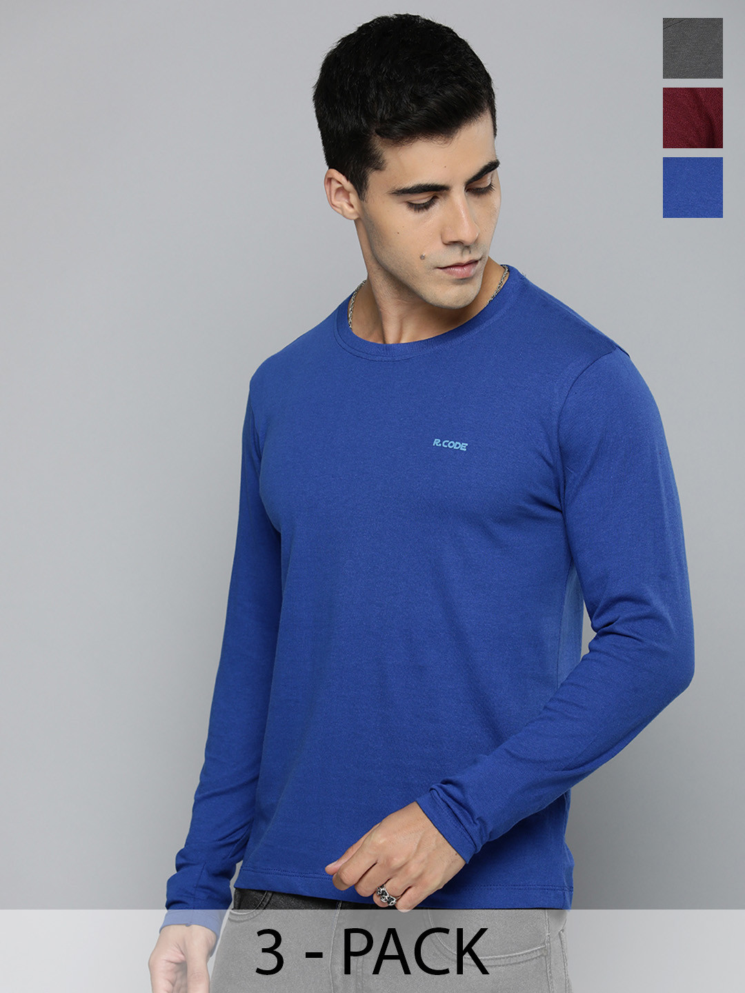 

R.Code by The Roadster Lifestyle Co. Men Regular Fit Pack Of 3 Solid Cotton T-shirts, Blue