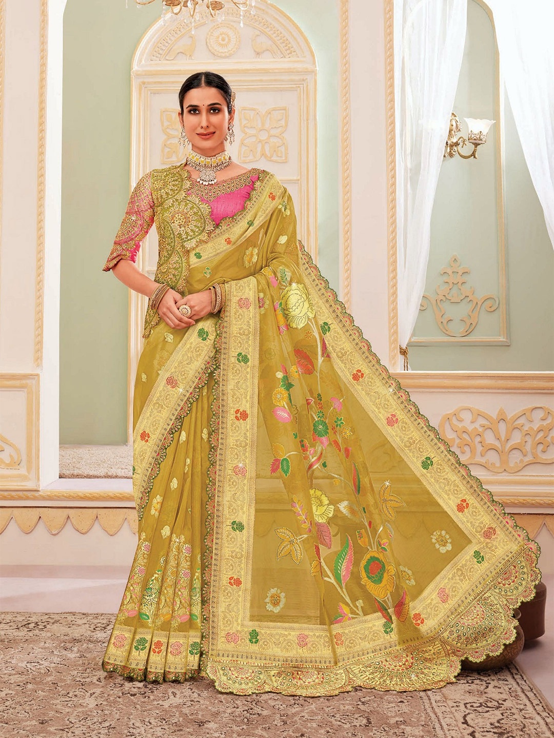 

MAHALASA Ethnic Motifs Zari Art Silk Handloom Banarasi Saree, Mustard
