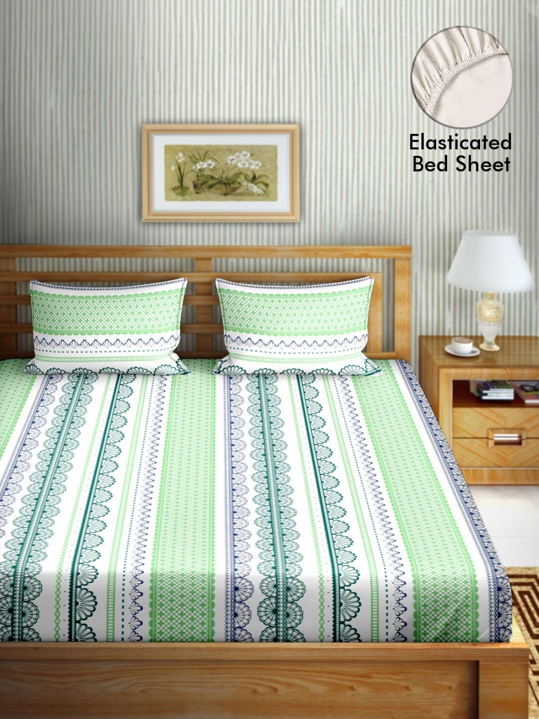 

Myntra Elegant Homes Green Printed 180 TC Pure Cotton Queen Bedsheet Set 1.82 m x 2 m