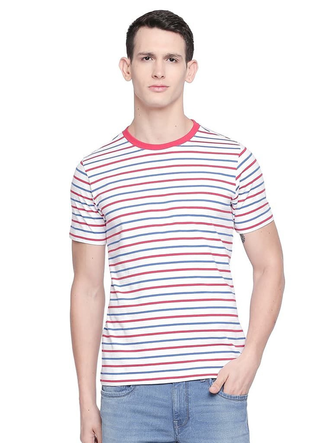 

Basics Men Striped Round Neck Cotton T-shirt, White
