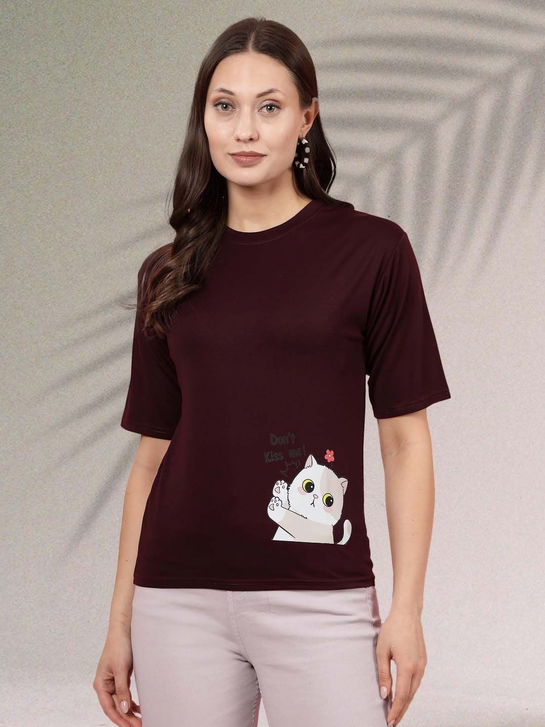 

Moda Rapido Women Graphic Printed Round Neck Regular Fit T-shirt, Burgundy