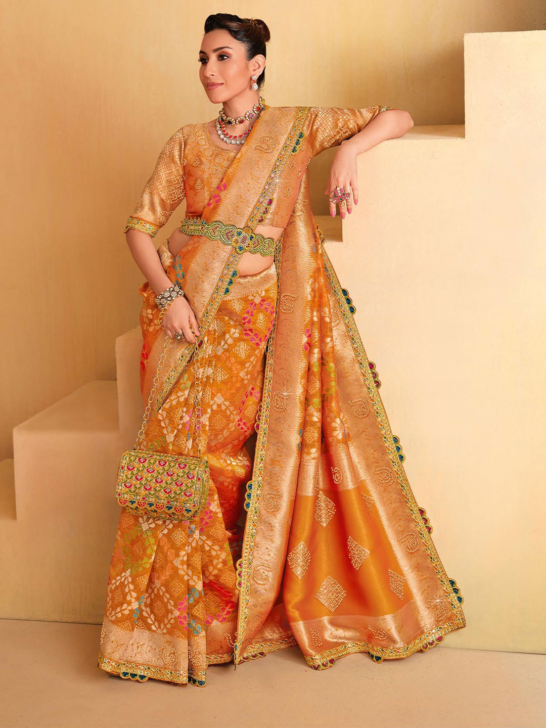 

MAHALASA Ethnic Motifs Beads and Stones Art Silk Saree, Orange