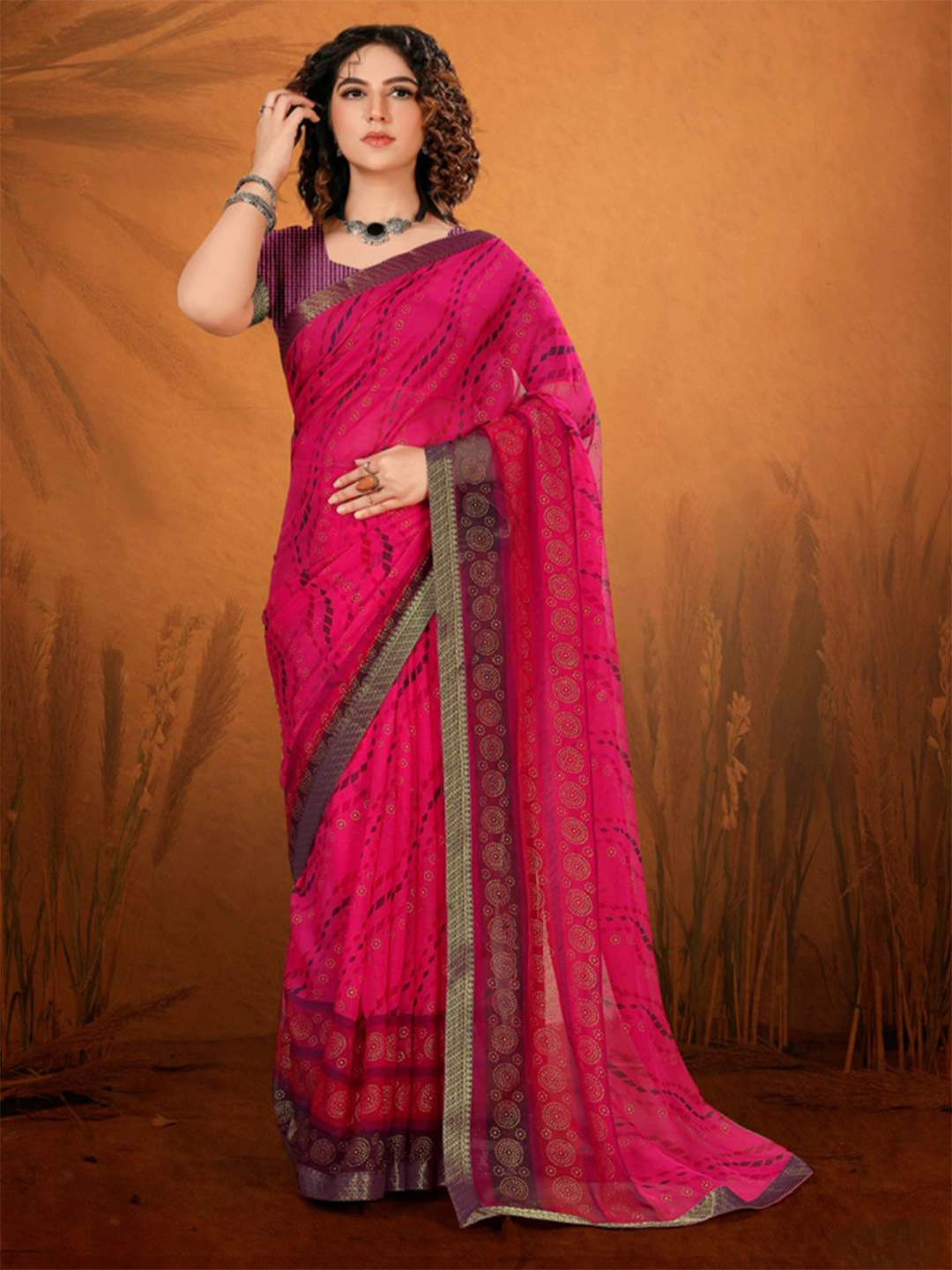 

SHOPPKEE Striped Sequinned Poly Chiffon Designer Banarasi Saree, Pink