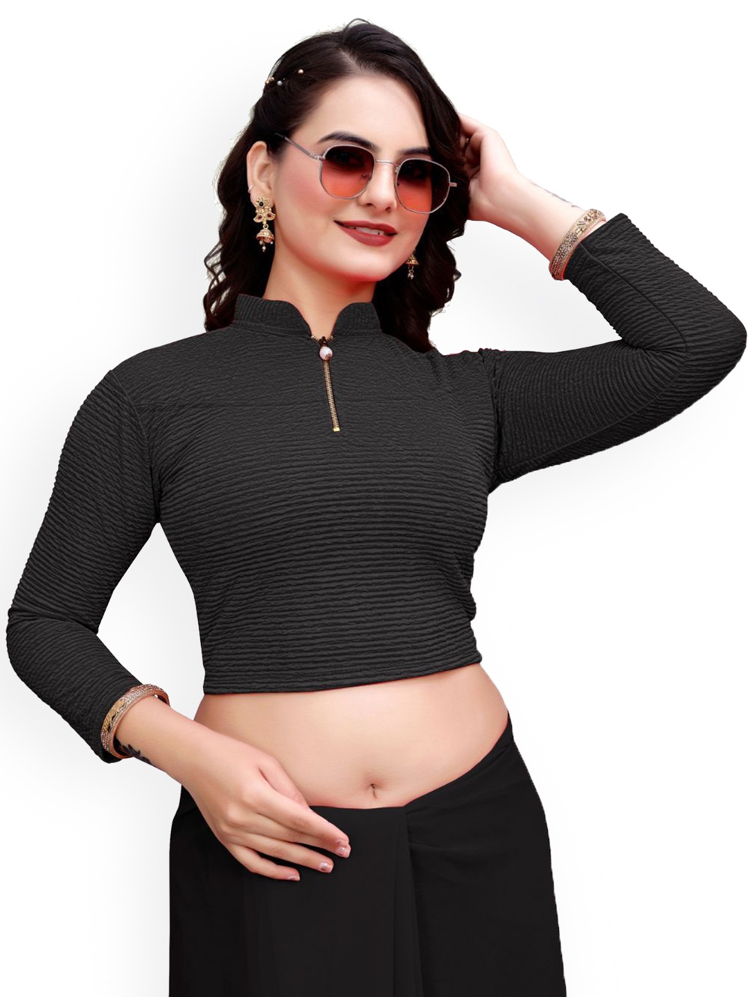 

SS Sanket Synthetics Three Quarter Sleeves Saree Blouse, Black