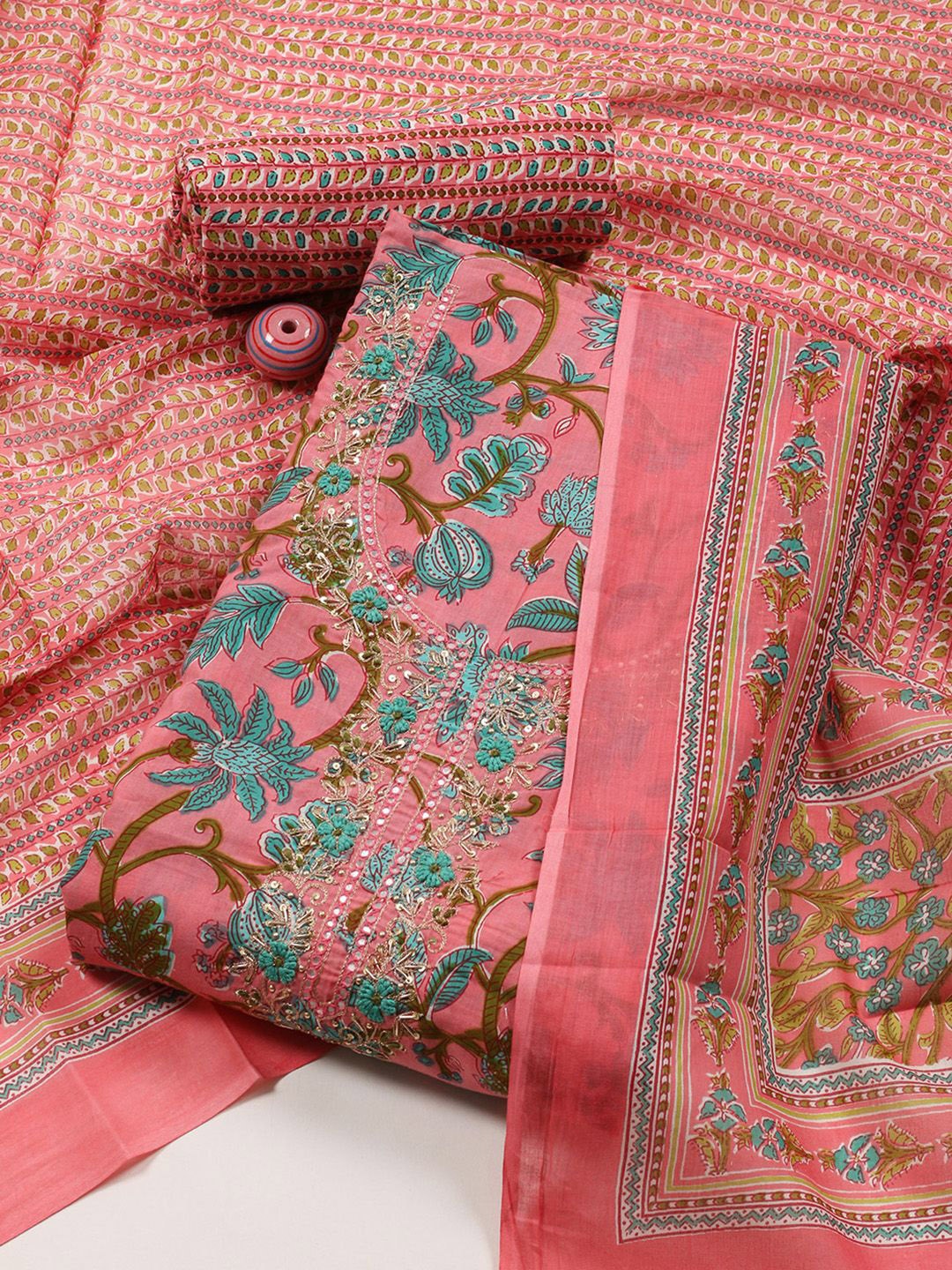 

Meena Bazaar Floral Printed Beads And Stones Unstitched Dress Material, Pink