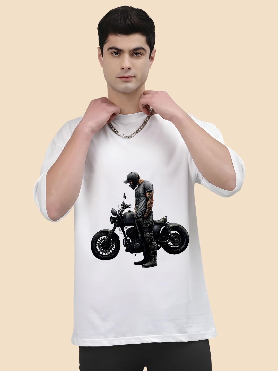 

SZN Men Graphic Printed Round Neck Cotton Oversized T-shirt, White
