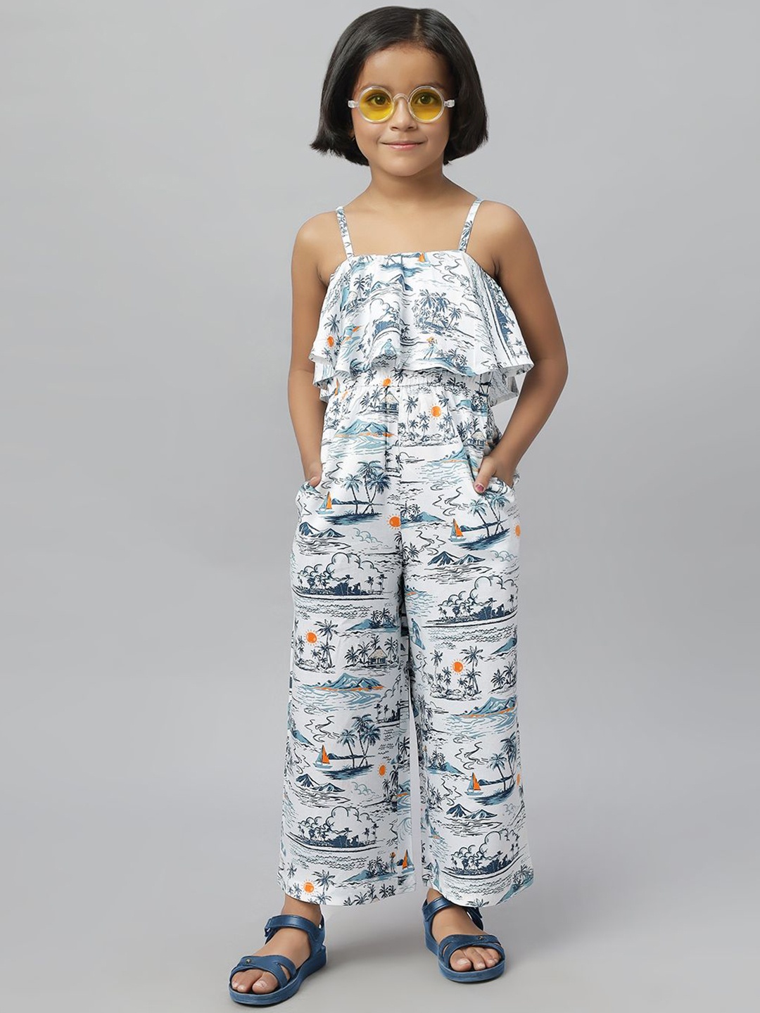 

ZACKBEE Girls Printed Basic Jumpsuit with Ruffles, White