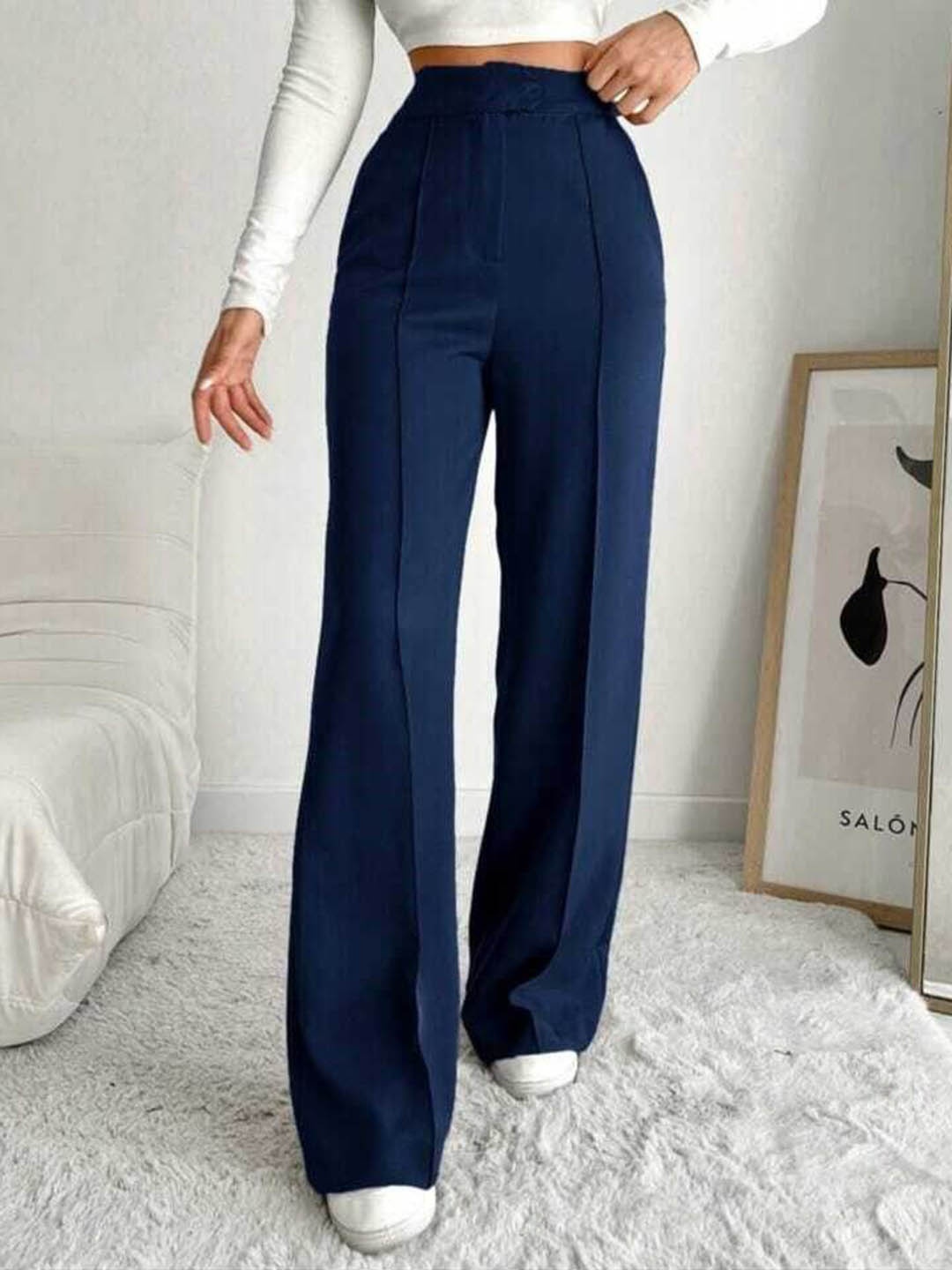 

Next One Women Smart Straight Fit High-Rise Easy Wash Pleated Trousers, Navy blue