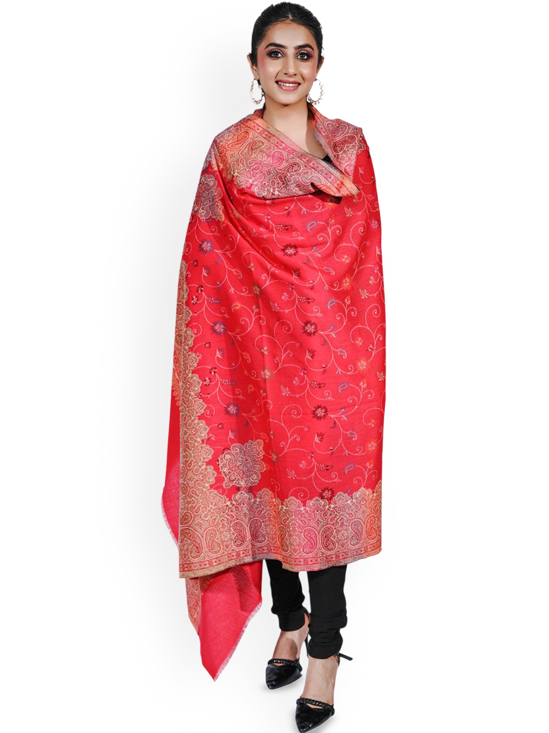 

PASHMAL INDIA PRIVATE LIMITED Floral Woven Design Woollen Shawl, Red