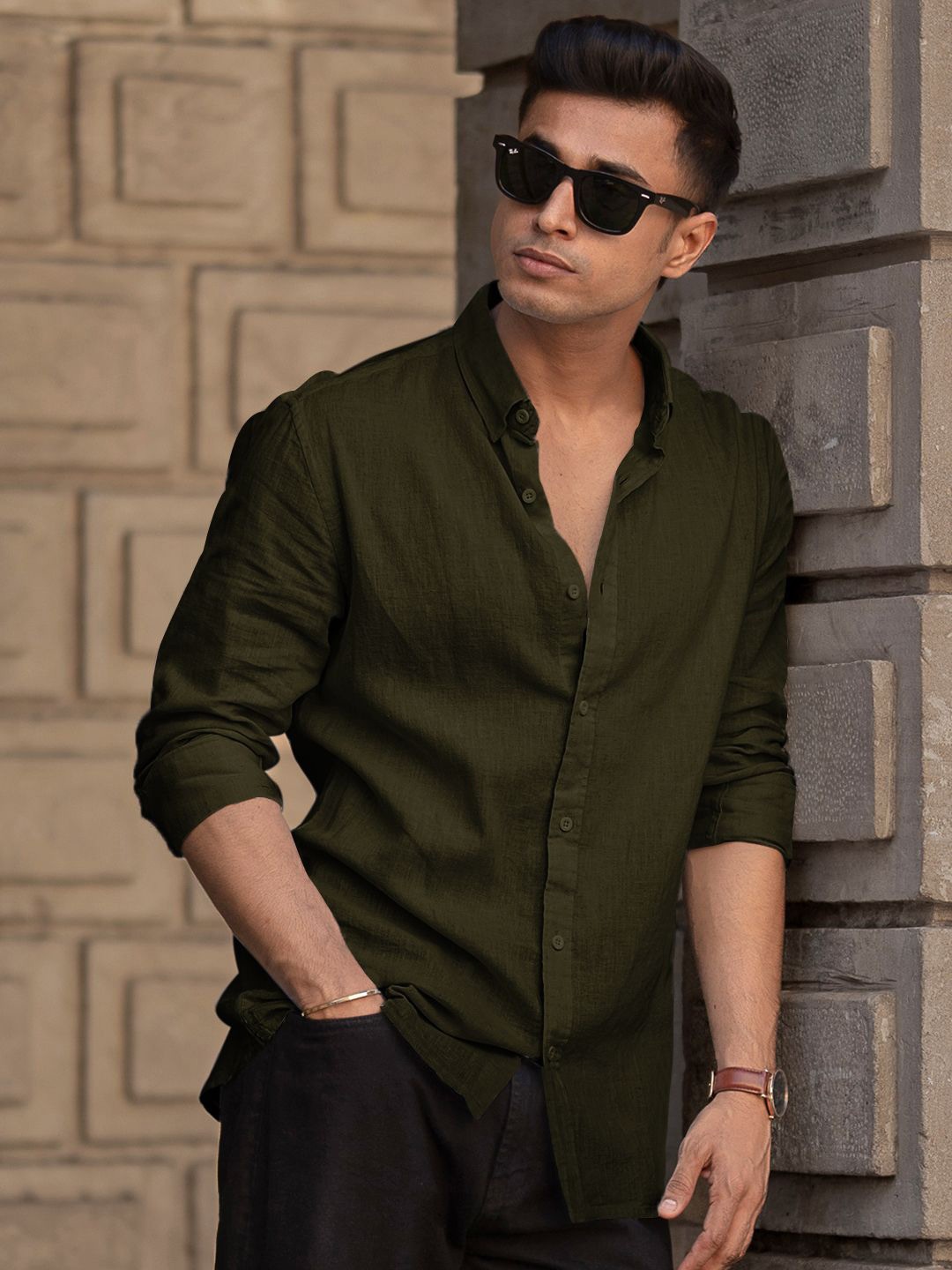 

Powerlook Men Opaque Casual Shirt, Olive