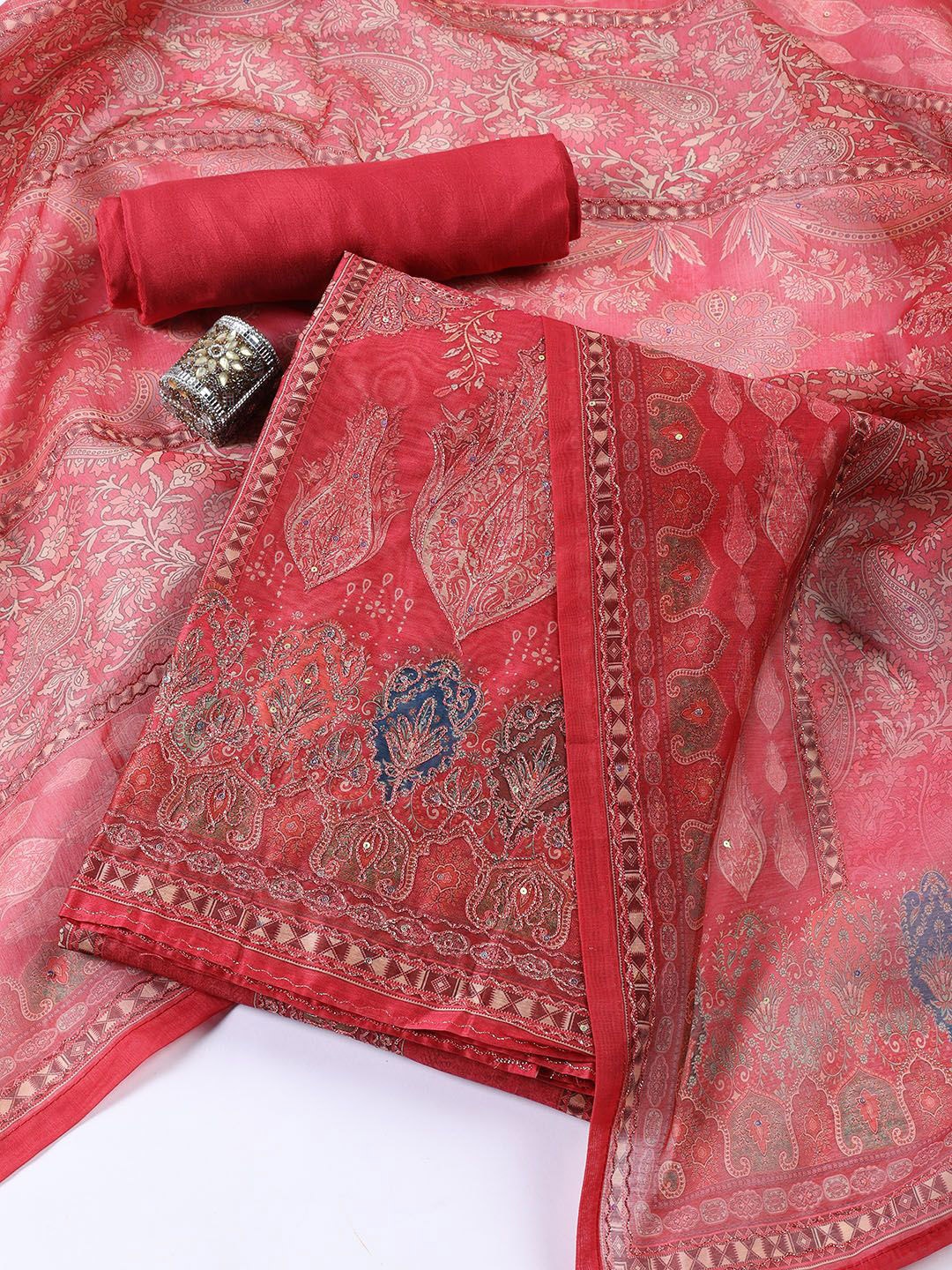 

Meena Bazaar Floral Embroidered Sequinned Art Silk Unstitched Dress Material, Pink